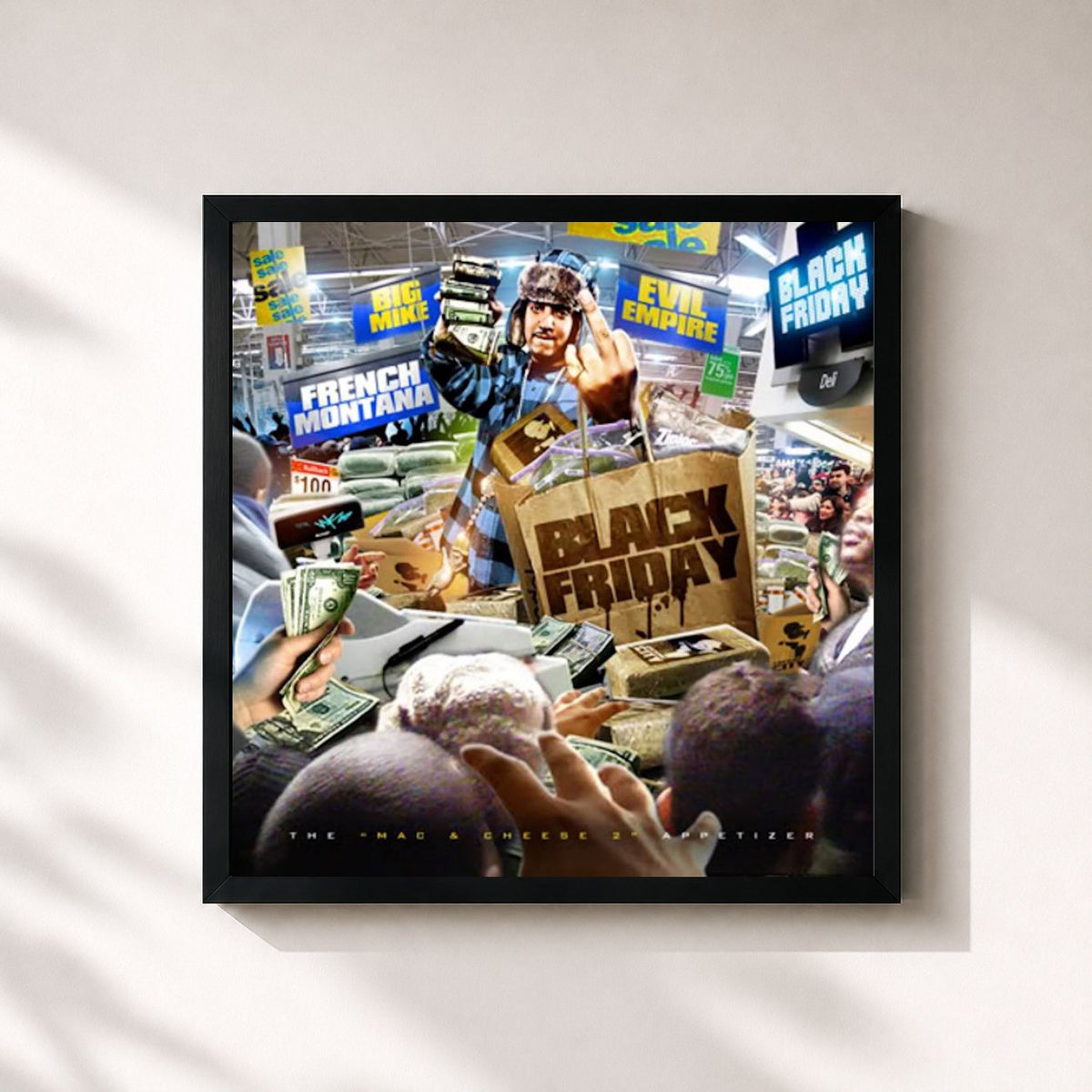 #noir Tableau carré de l'album Black Friday: The Mac & Cheese 2 Appetizer de French Montana, cadre noir 32x32 cm