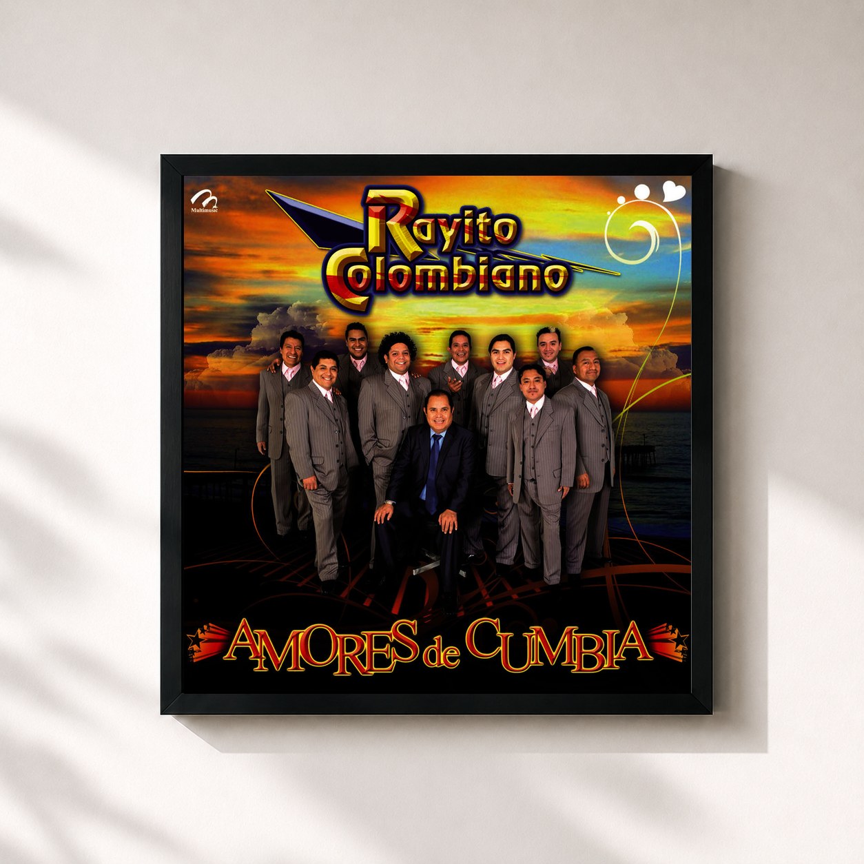 #noir Tableau carré de l'album Amores de Cumbia de Rayito Colombiano, cadre noir 32x32 cm