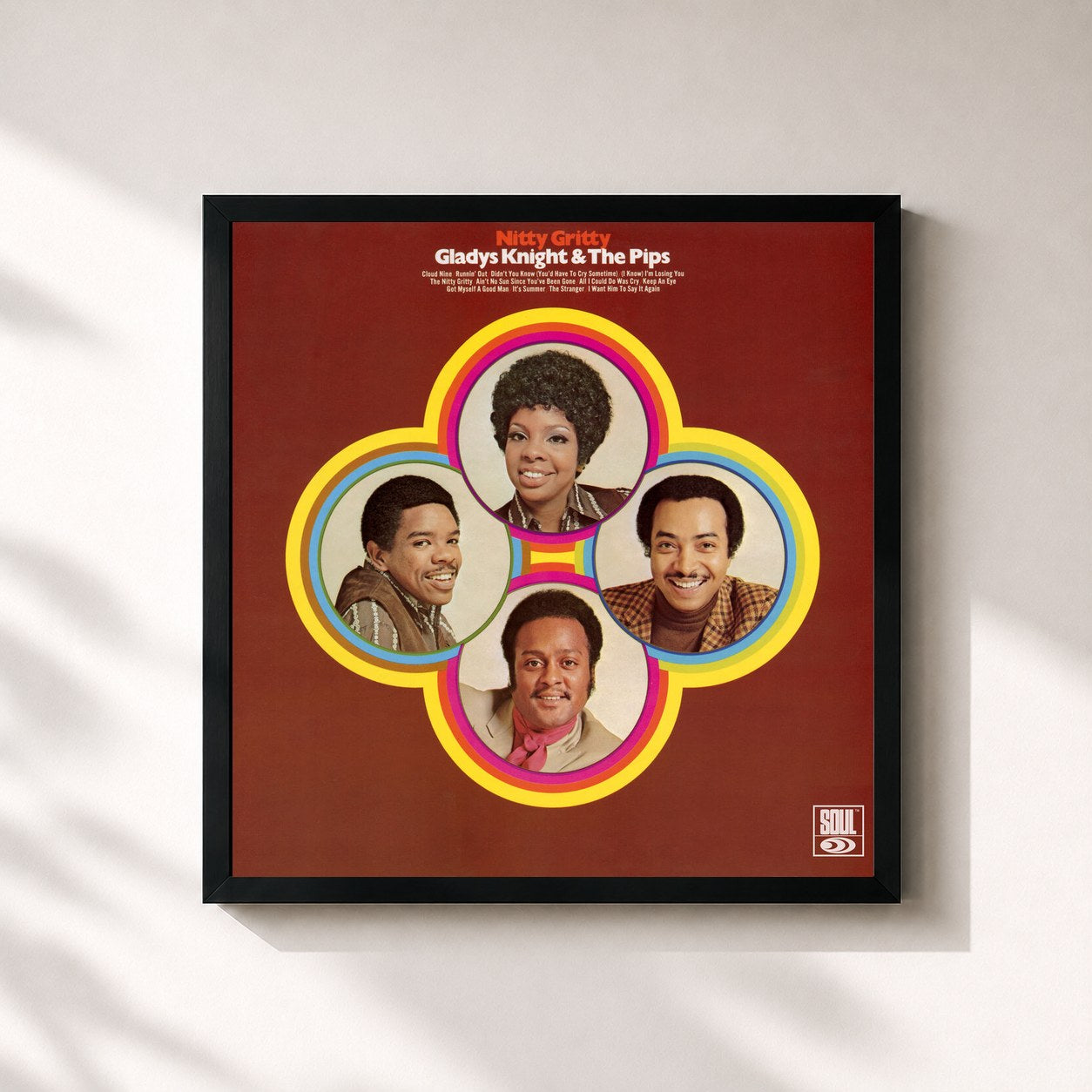 #noir Tableau carré de l'album Nitty Gritty de Gladys Knight & The Pips, cadre noir 32x32 cm