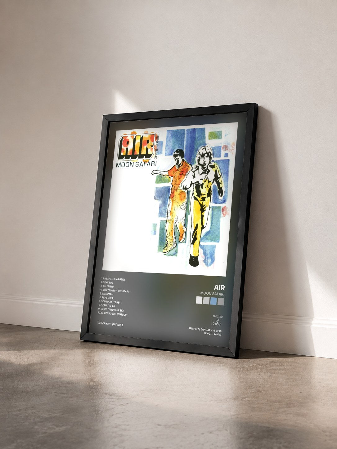 #noir Tableau de l'album Moon Safari de Air vu de trois quarts, cadre noir