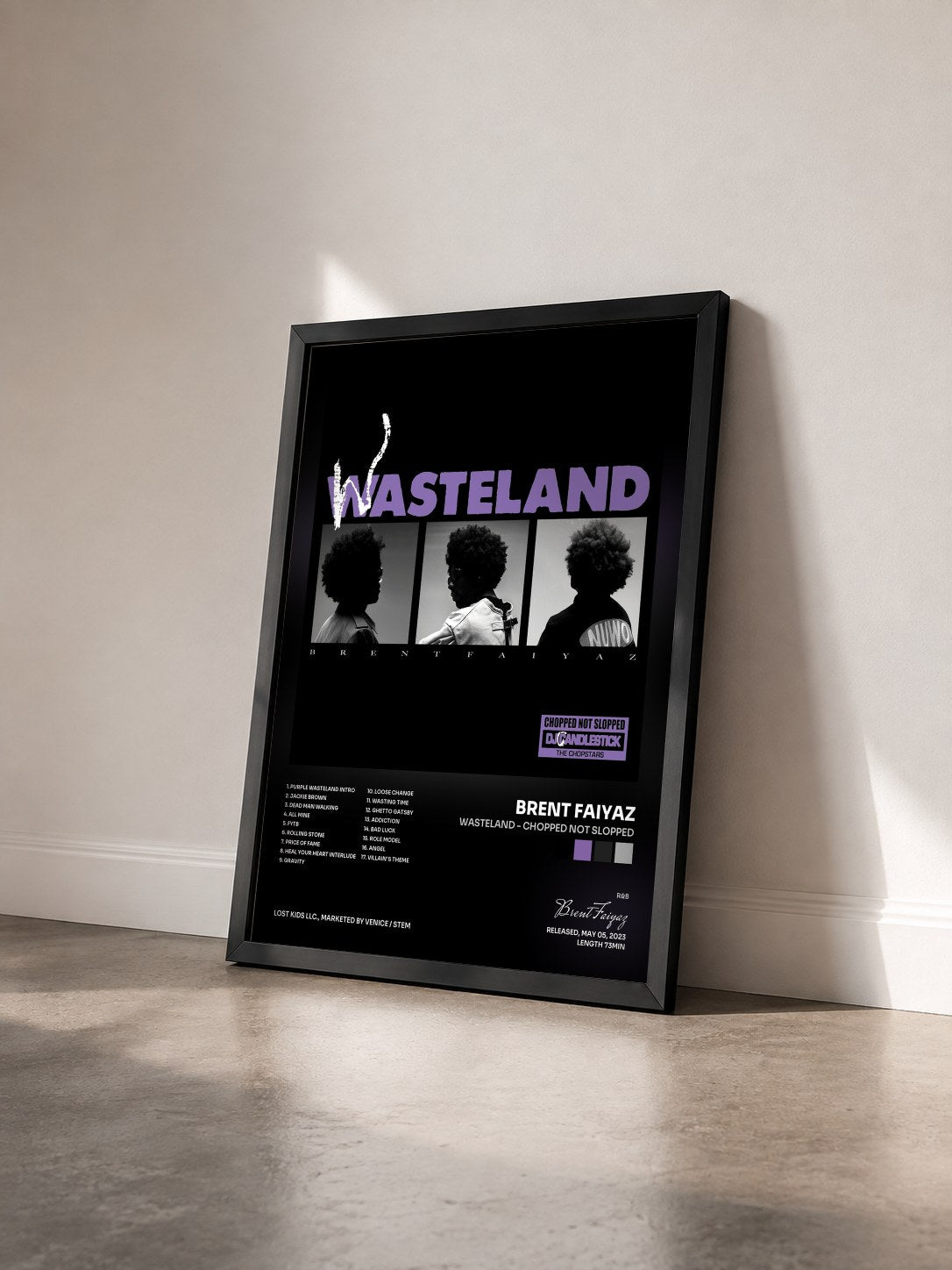 #noir Tableau de l'album WASTELAND - CHOPPED NOT SLOPPED de Brent Faiyaz vu de trois quarts, cadre noir