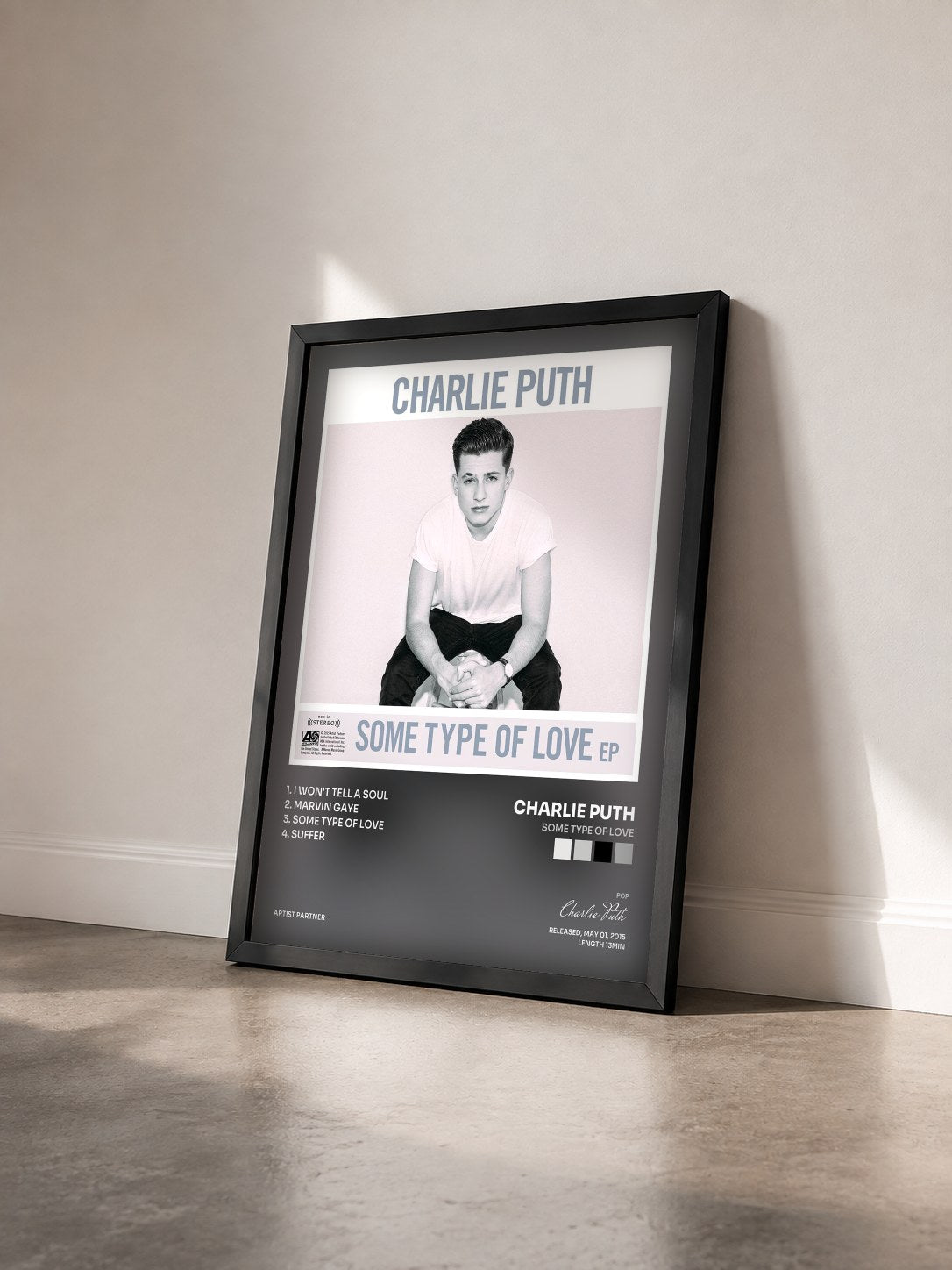 #noir Tableau de l'album Some Type of Love de Charlie Puth vu de trois quarts, cadre noir