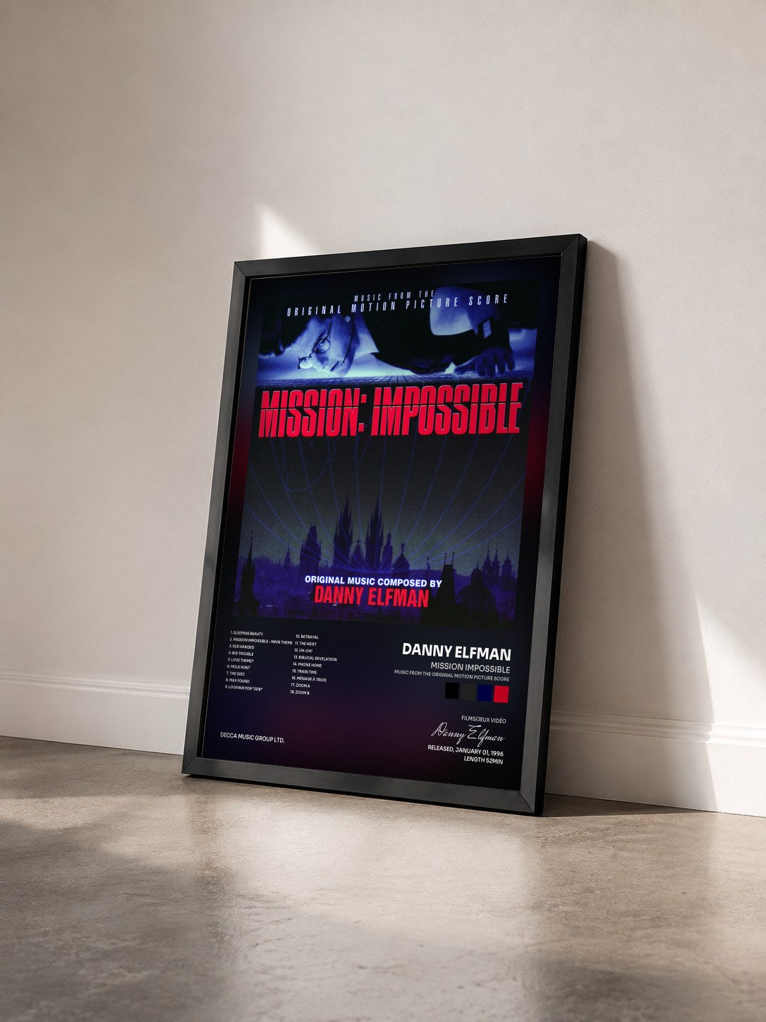 #noir Tableau de l'album Mission Impossible (Music From The Original Motion Picture Score) de Danny Elfman vu de trois quarts, cadre noir