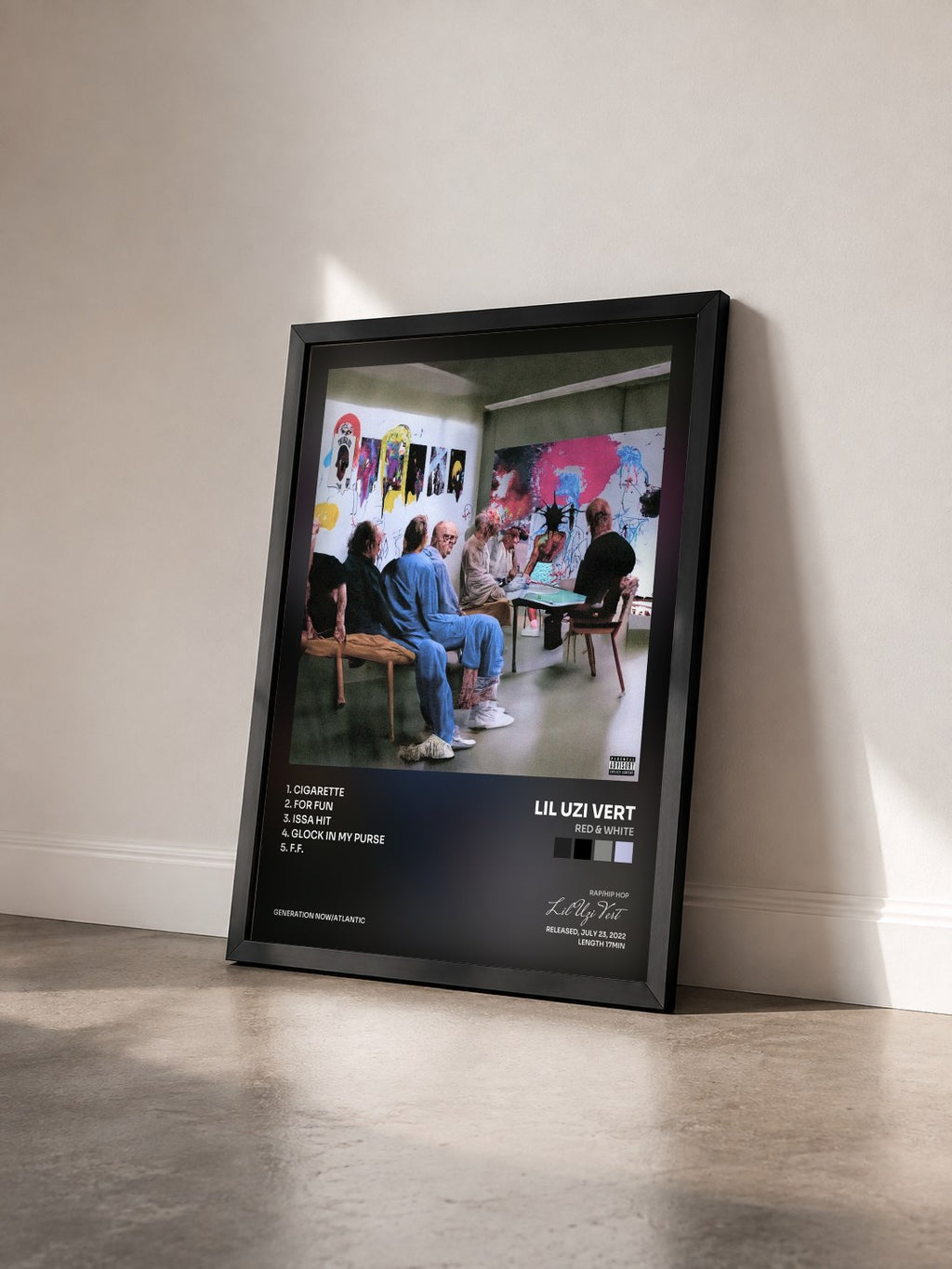 #noir Tableau de l'album RED & WHITE de Lil Uzi Vert vu de trois quarts, cadre noir