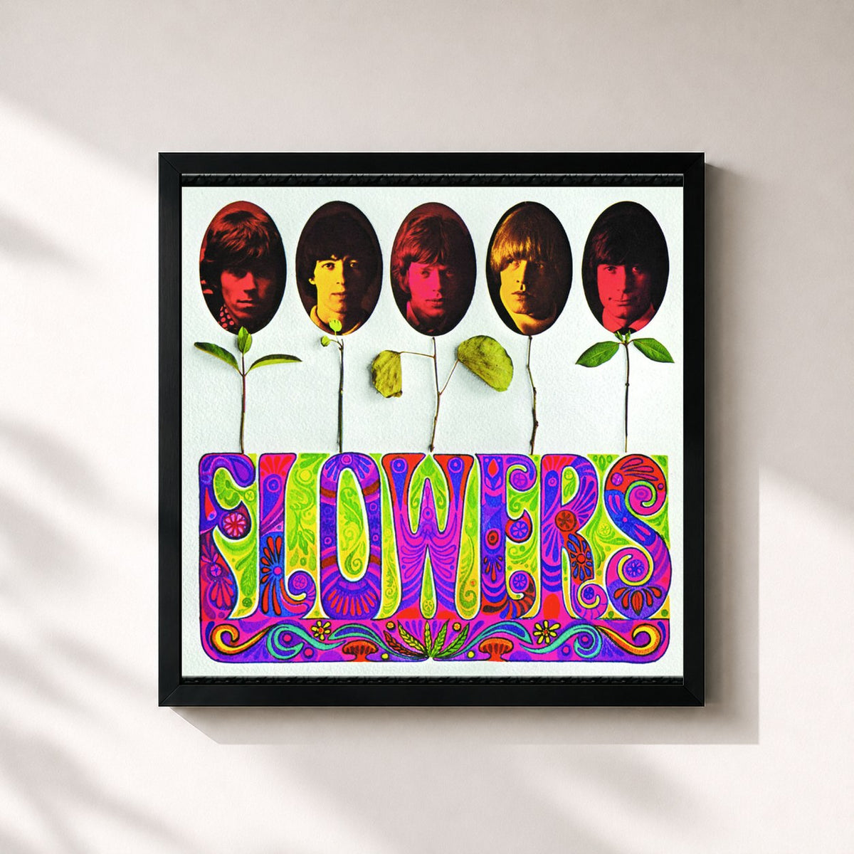 #noir Tableau carré de l'album Flowers de The Rolling Stones, cadre noir 32x32 cm