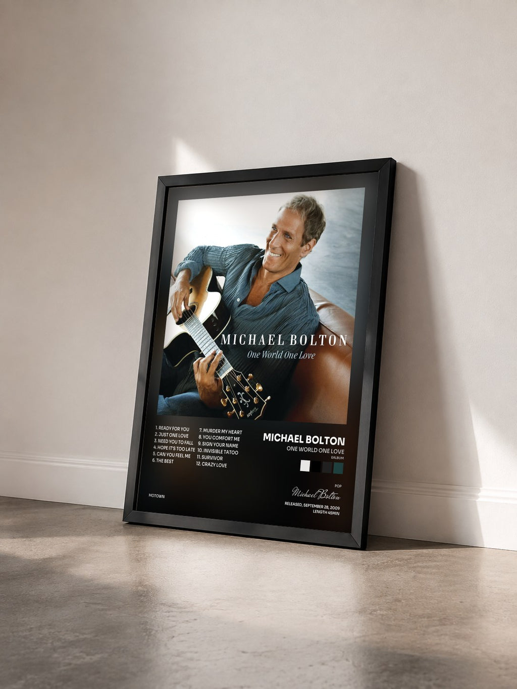 #noir Tableau de l'album One World One Love (eAlbum) de Michael Bolton vu de trois quarts, cadre noir