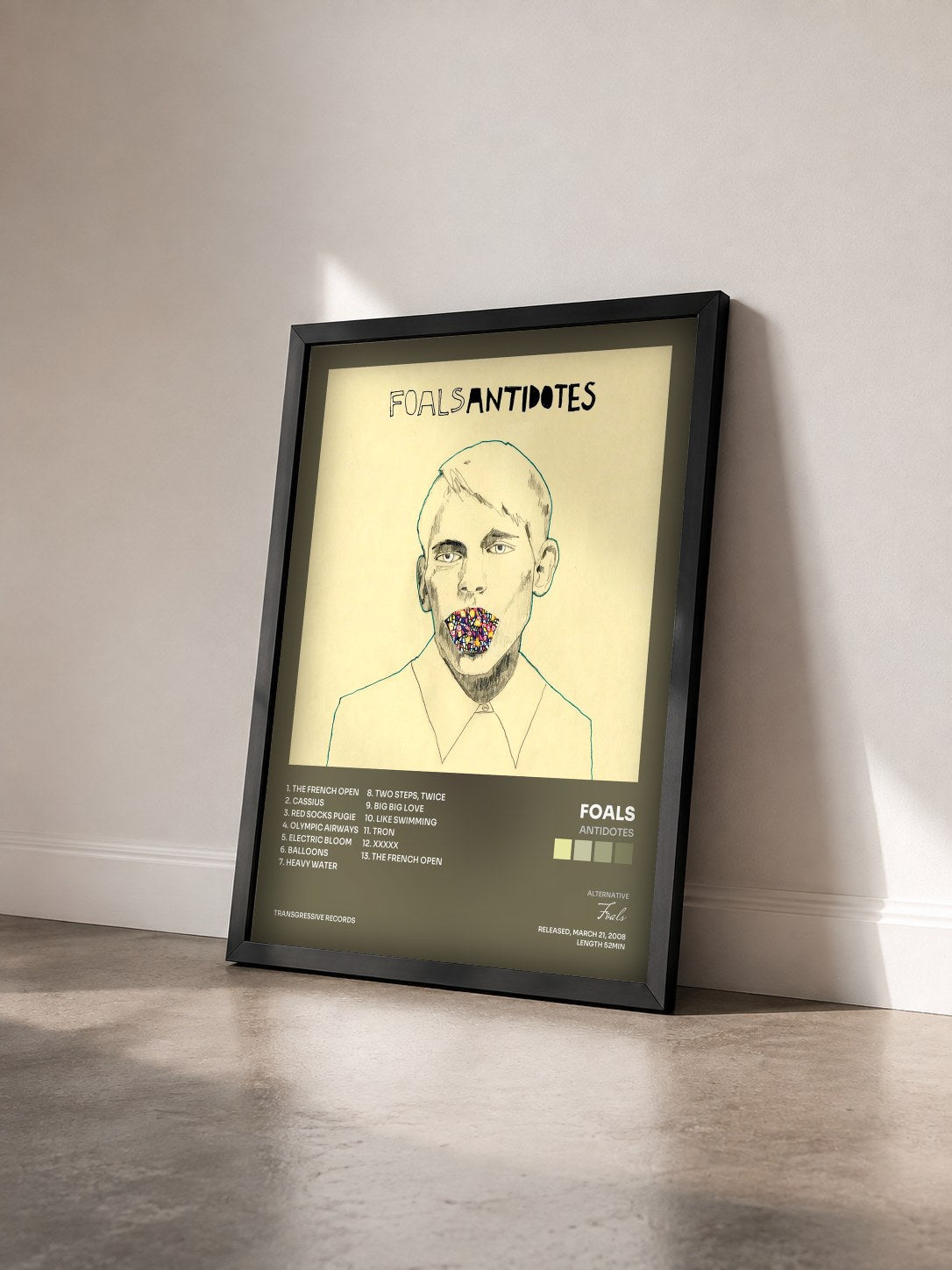 #noir Tableau de l'album Antidotes de Foals vu de trois quarts, cadre noir