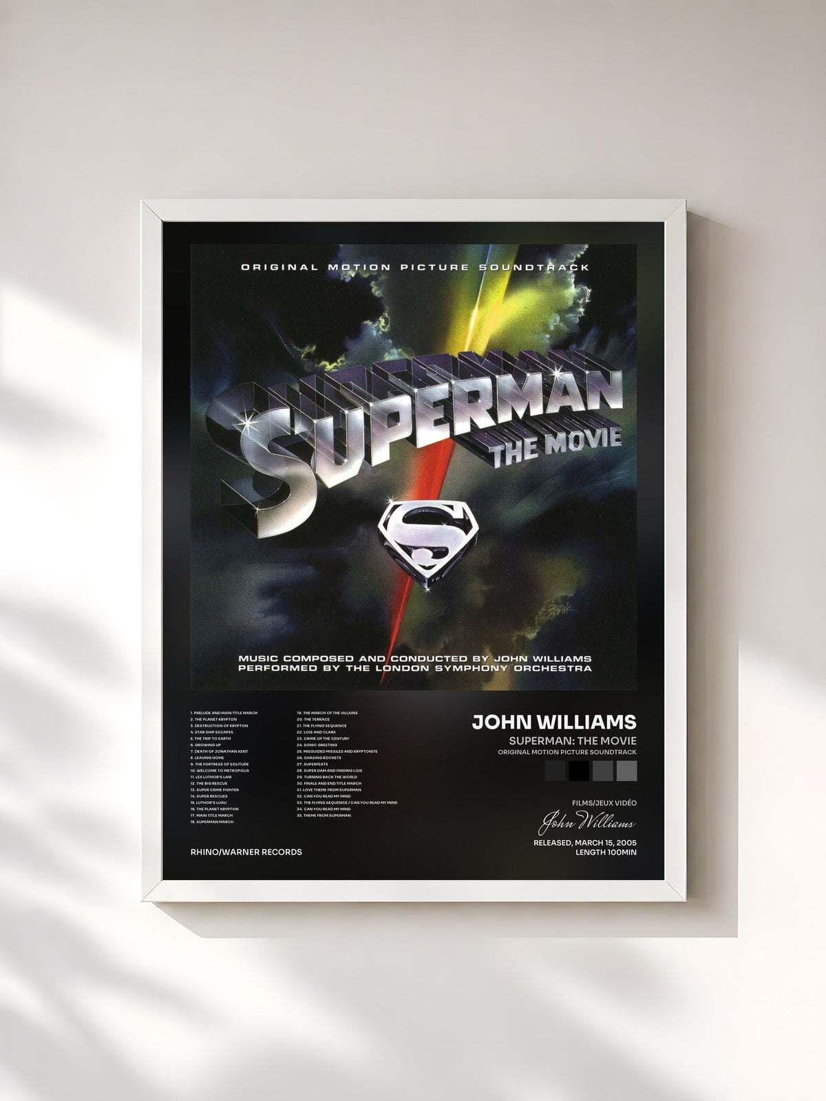 #blanc Tableau de l'album Superman: The Movie (Original Motion Picture Soundtrack) de John Williams, cadre blanc, imprimé et encadré en France