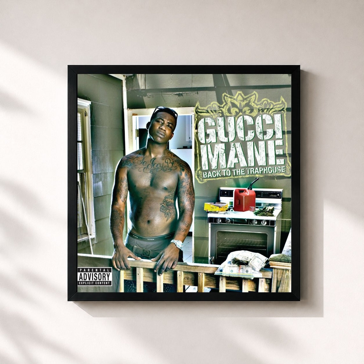#noir Back to the Traphouse de Gucci Mane en lámina cuadrada enmarcada, marco negro de 32x32 cm