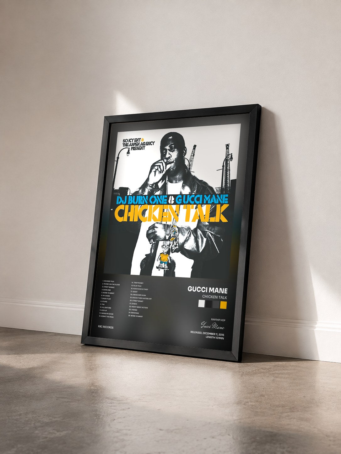 #noir Tableau de l'album Chicken Talk de Gucci Mane vu de trois quarts, cadre noir
