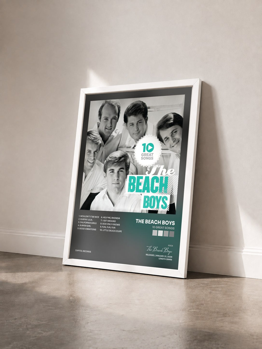 #blanc 10 Great Songs de The Beach Boys en lámina enmarcada vista de tres cuartos, marco blanco