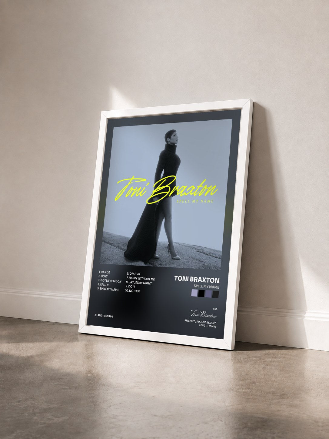 #blanc Tableau de l'album Spell My Name de Toni Braxton vu de trois quarts, cadre blanc