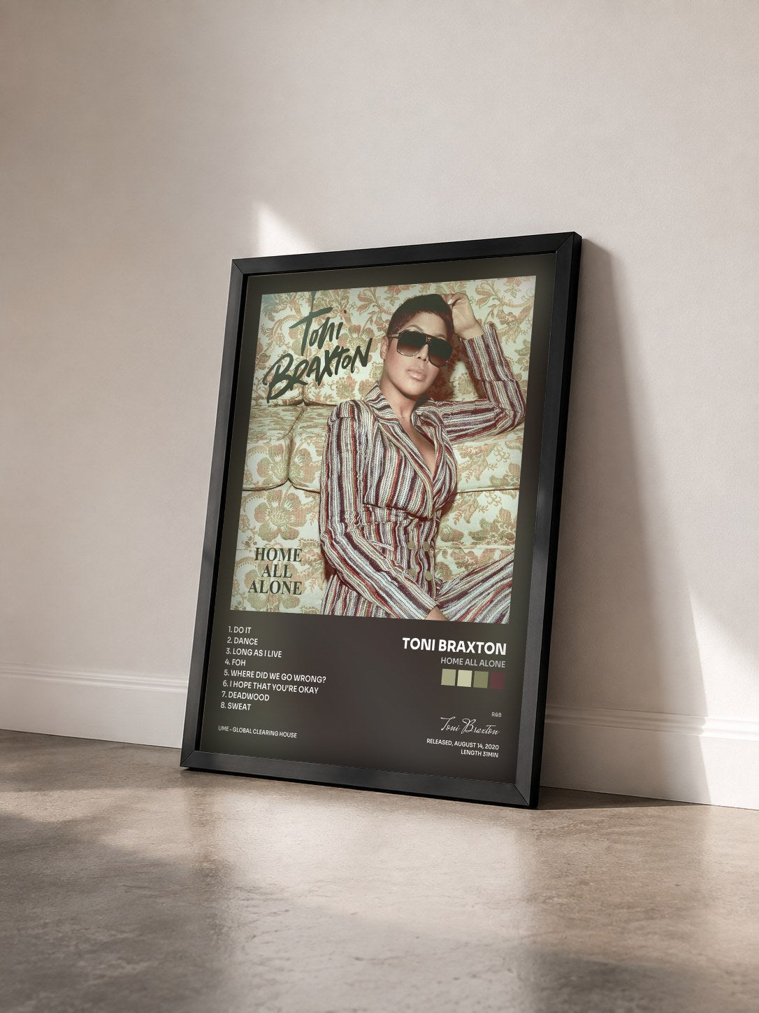 #noir Home All Alone by Toni Braxton as a framed art print seen at an angle, black frame