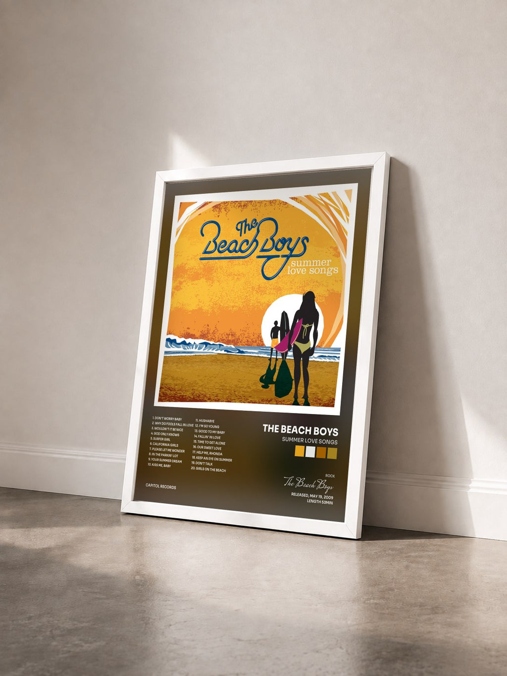 #blanc Summer Love Songs de The Beach Boys en lámina enmarcada vista de tres cuartos, marco blanco