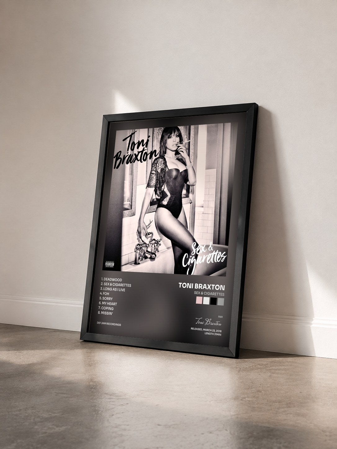 #noir Sex & Cigarettes by Toni Braxton as a framed art print seen at an angle, black frame