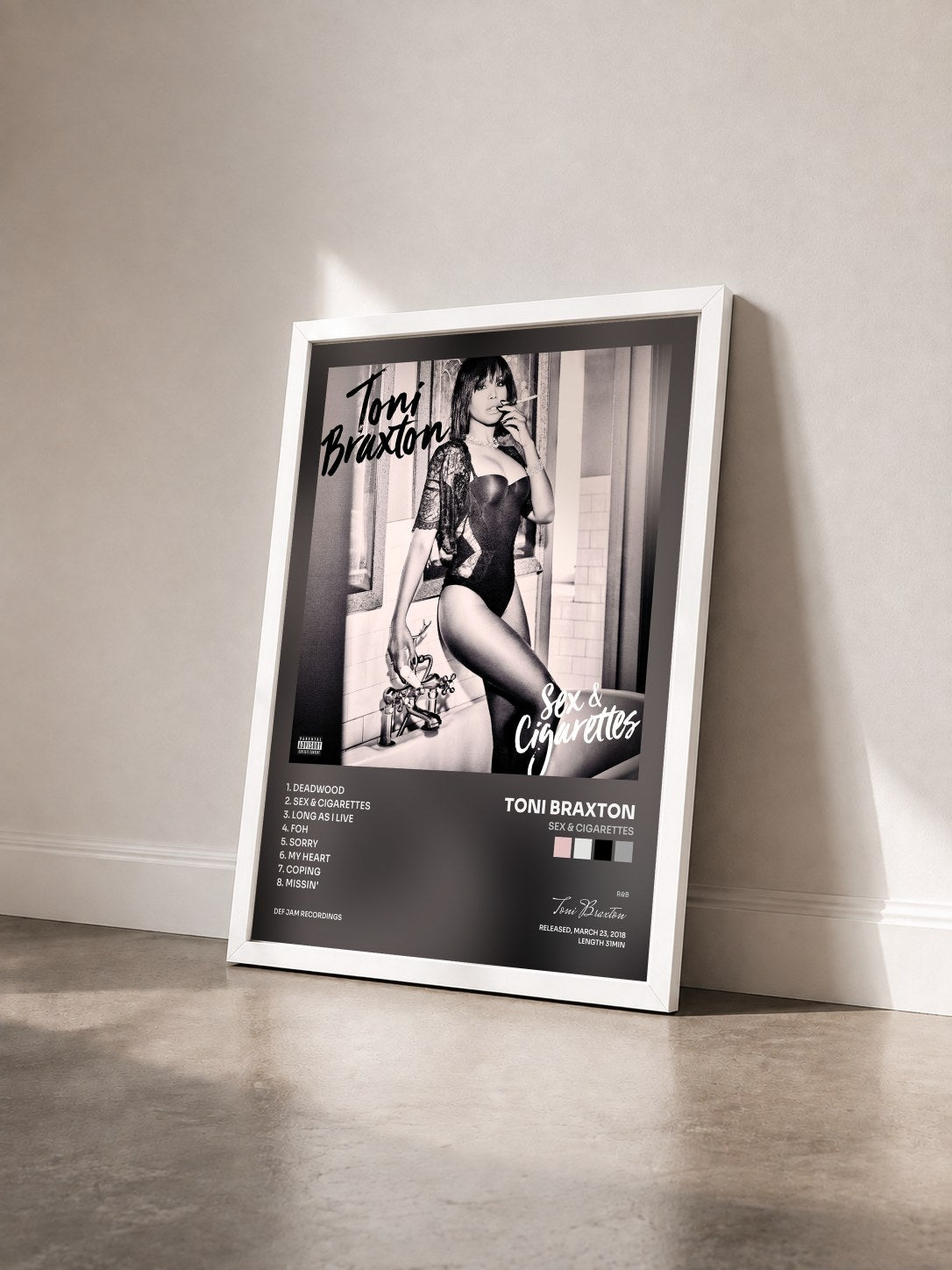 #blanc Sex & Cigarettes by Toni Braxton as a framed art print seen at an angle, white frame
