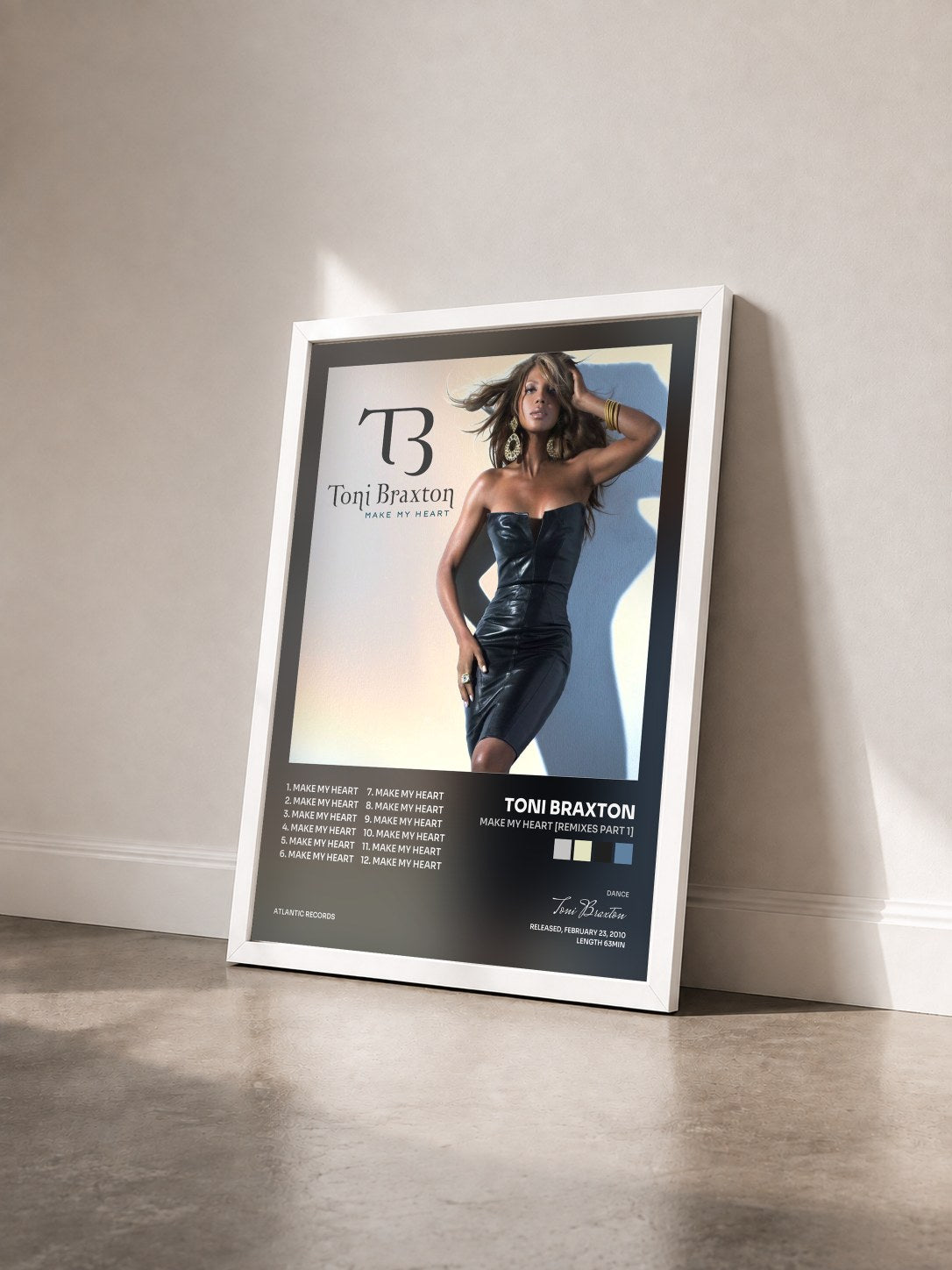 #blanc Make My Heart [Remixes Part 1] by Toni Braxton as a framed art print seen at an angle, white frame