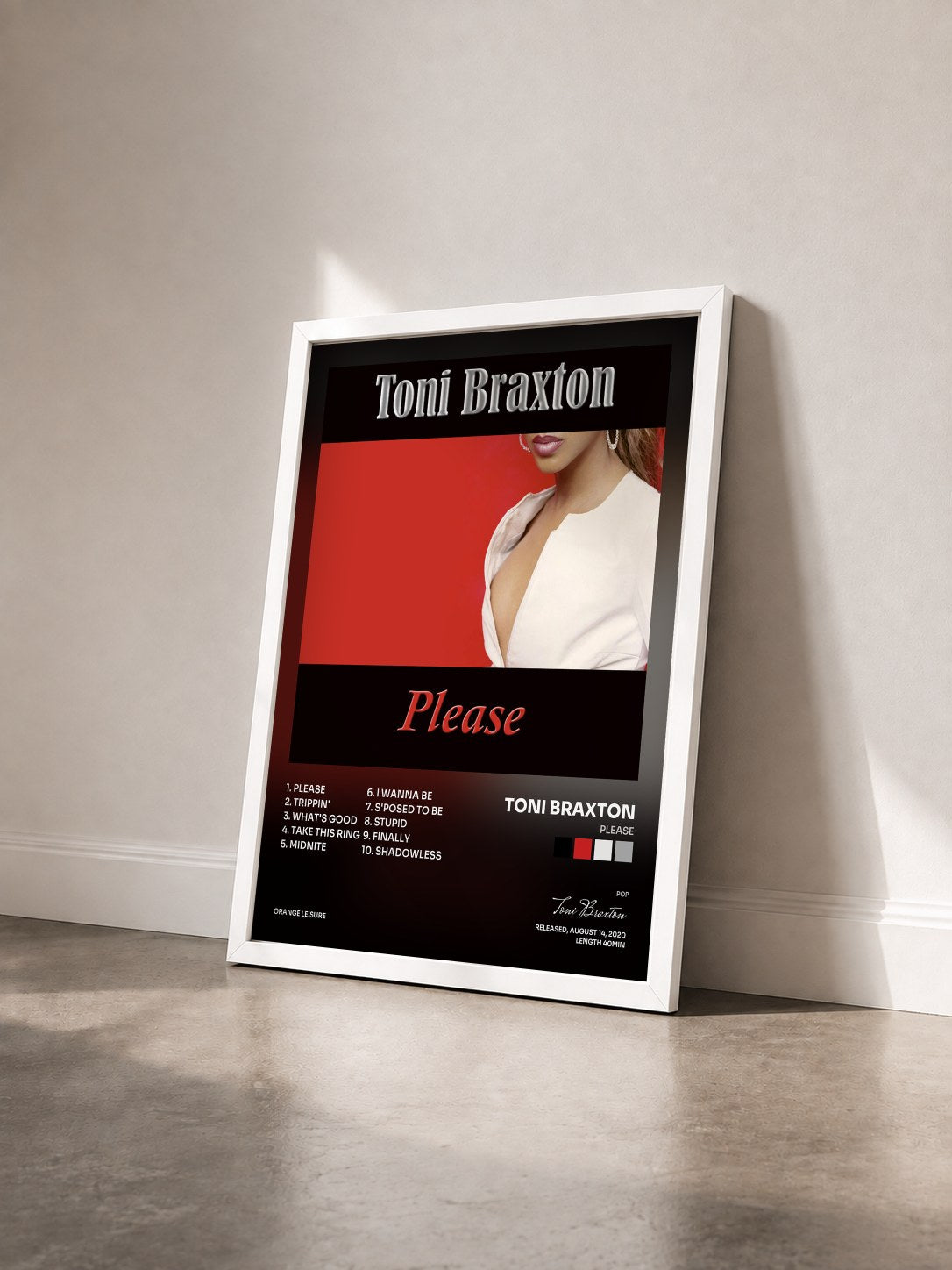 #blanc Please by Toni Braxton as a framed art print seen at an angle, white frame
