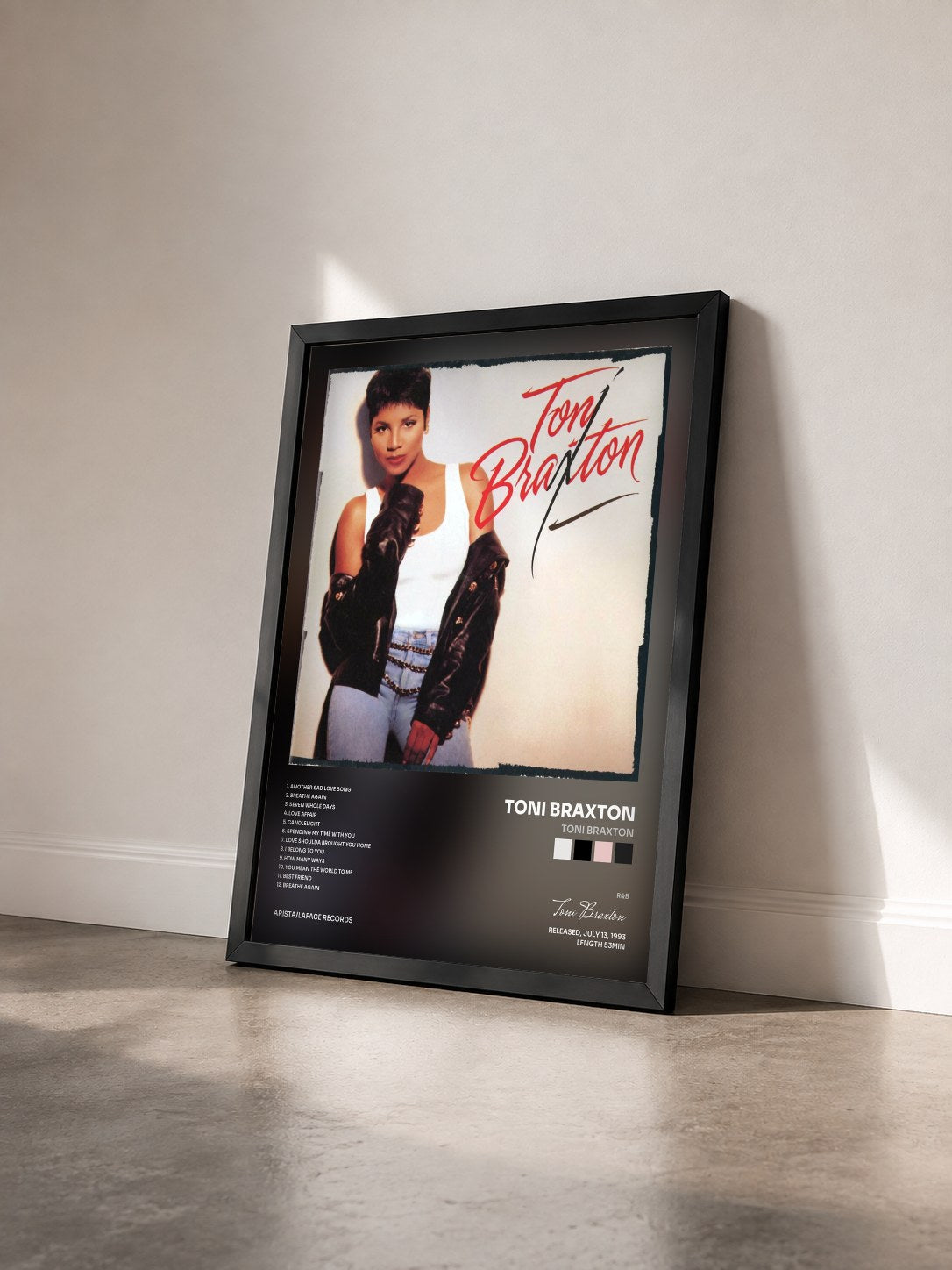 #noir Toni Braxton by Toni Braxton as a framed art print seen at an angle, black frame