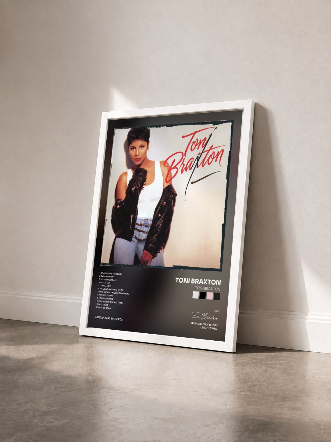 #blanc Toni Braxton by Toni Braxton as a framed art print seen at an angle, white frame