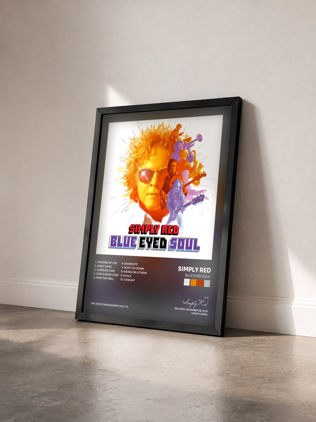 #noir Blue Eyed Soul de Simply Red en lámina enmarcada vista de tres cuartos, marco negro