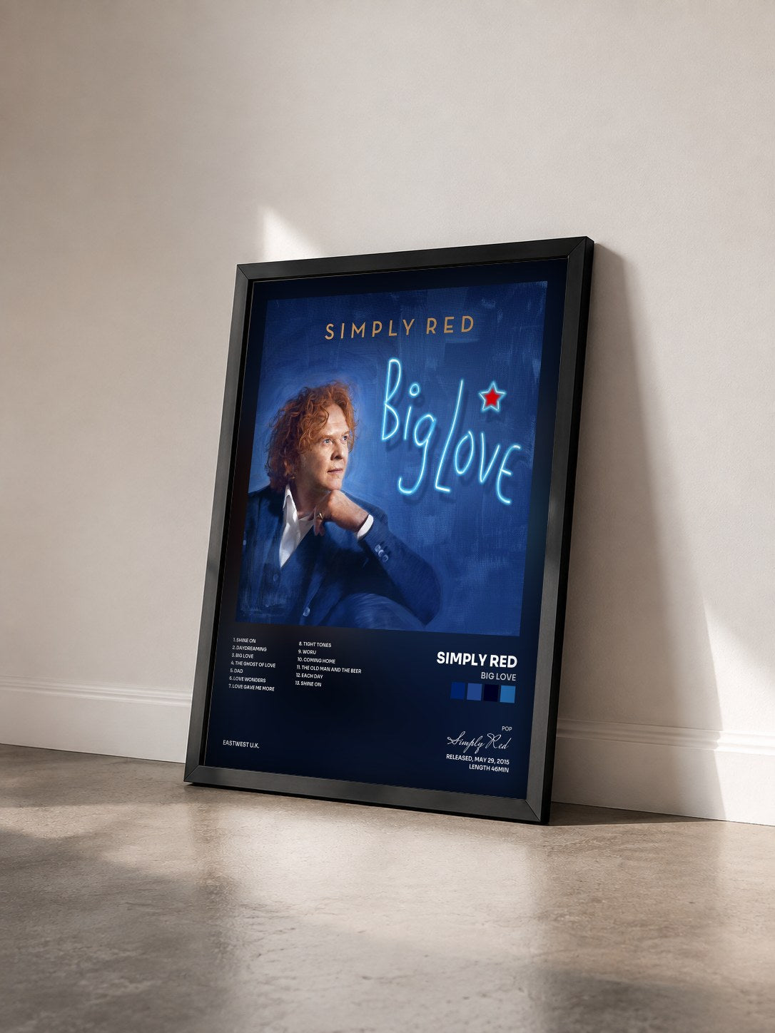 #noir Big Love by Simply Red as a framed art print seen at an angle, black frame