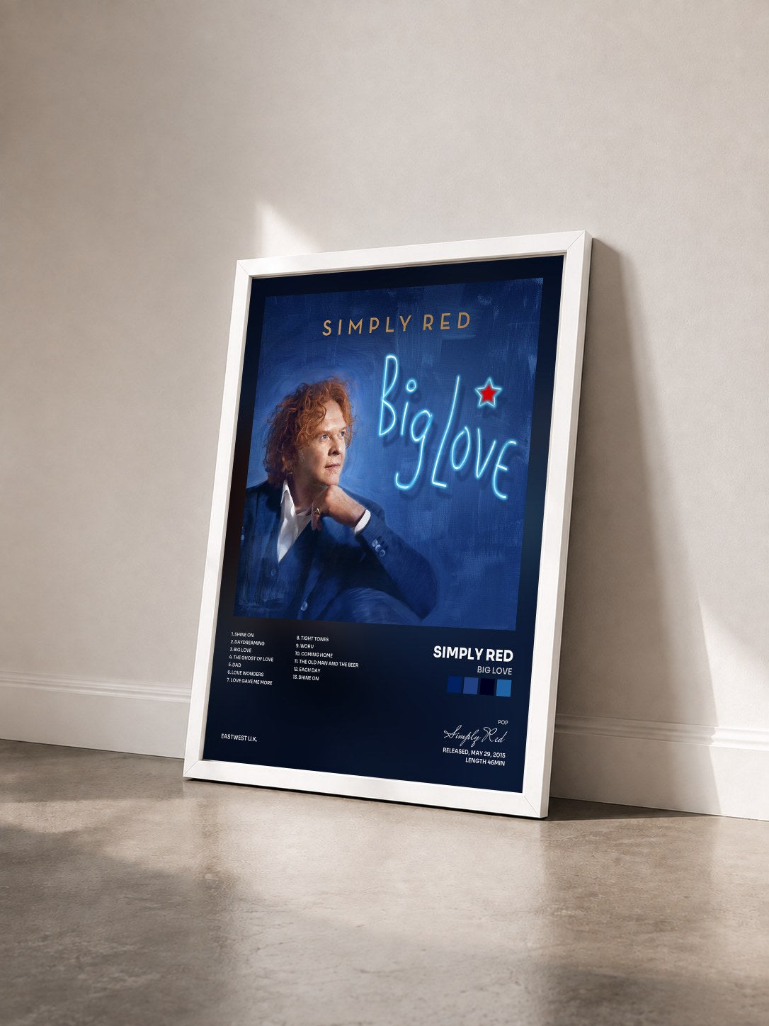 #blanc Big Love by Simply Red as a framed art print seen at an angle, white frame