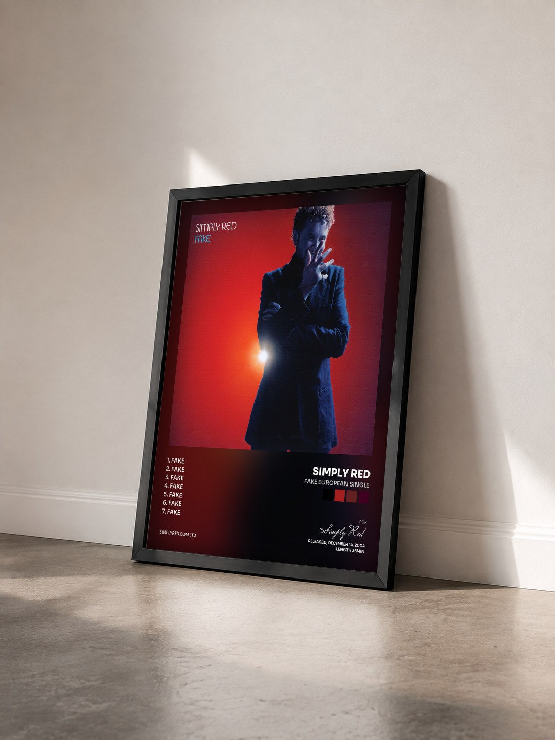#noir Fake European Single by Simply Red as a framed art print seen at an angle, black frame