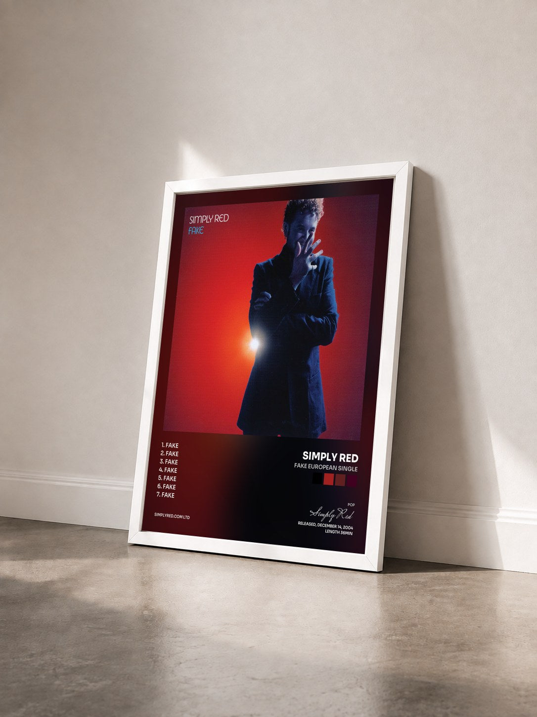 #blanc Fake European Single by Simply Red as a framed art print seen at an angle, white frame