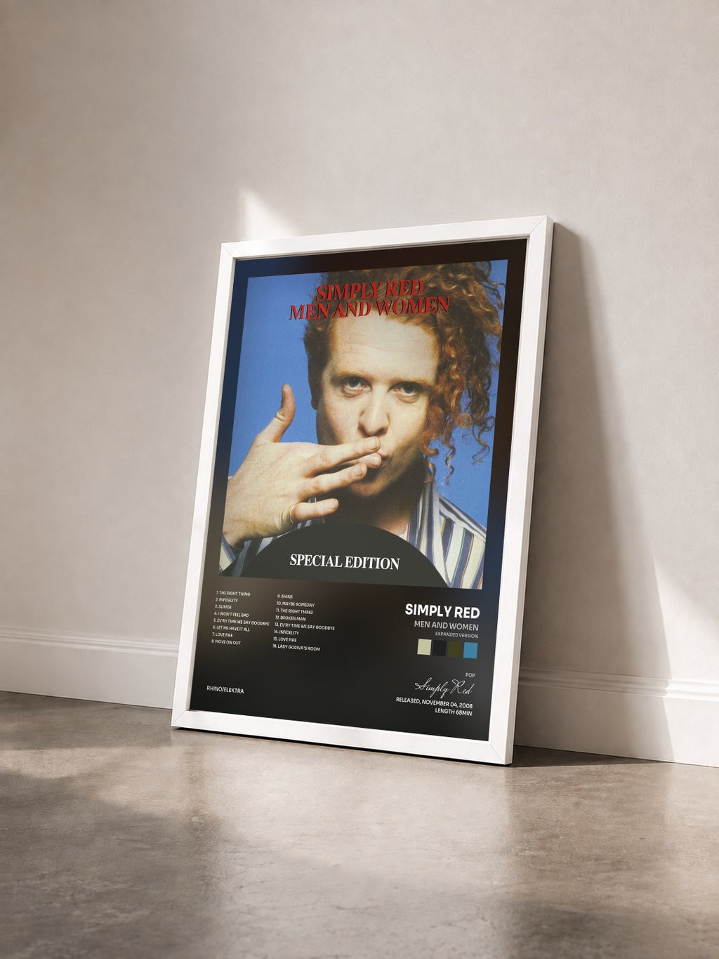 #blanc Men and Women (Expanded Version) by Simply Red as a framed art print seen at an angle, white frame