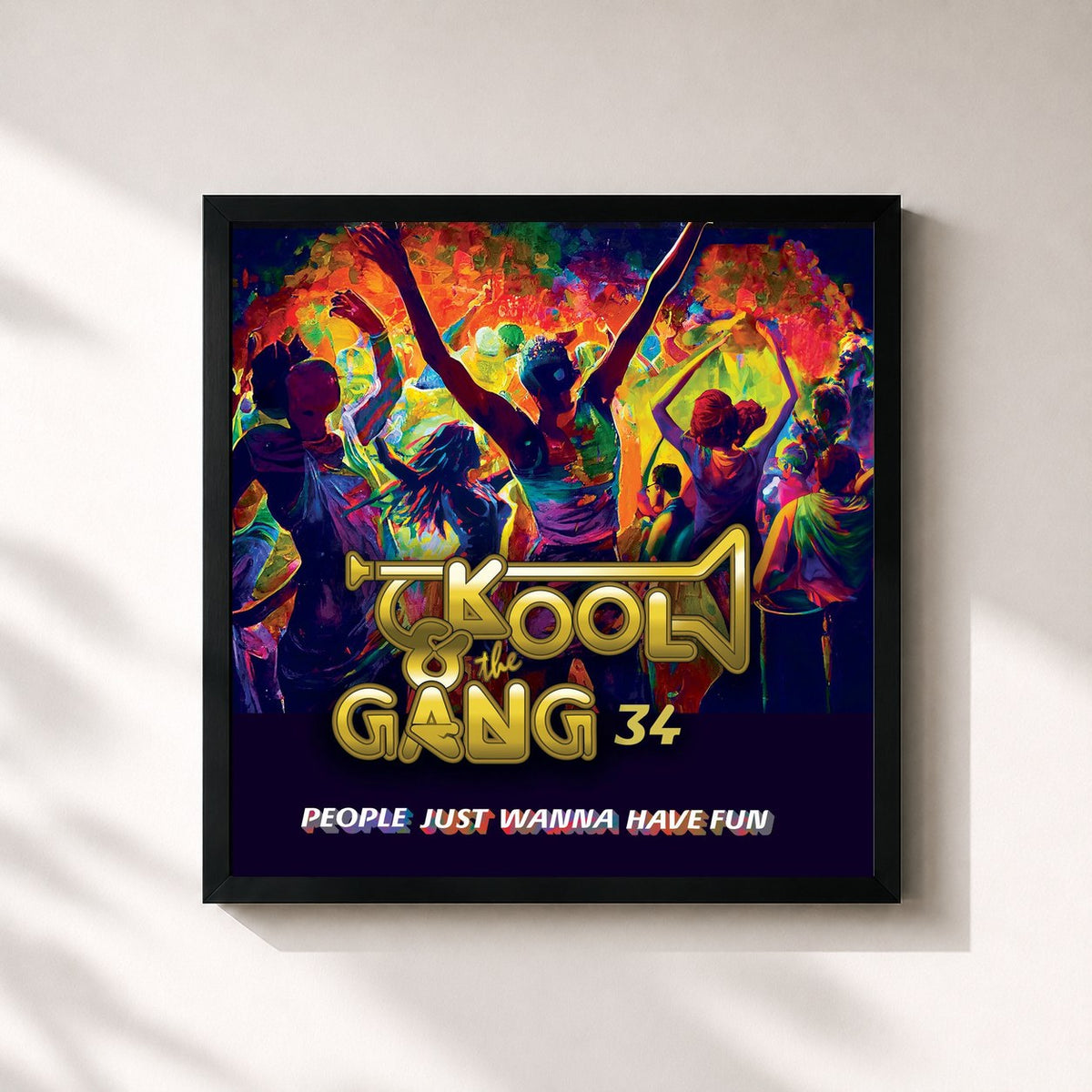 #noir People Just Wanna Have Fun von Kool & The Gang als quadratischer Kunstdruck, schwarzer Rahmen 32x32 cm