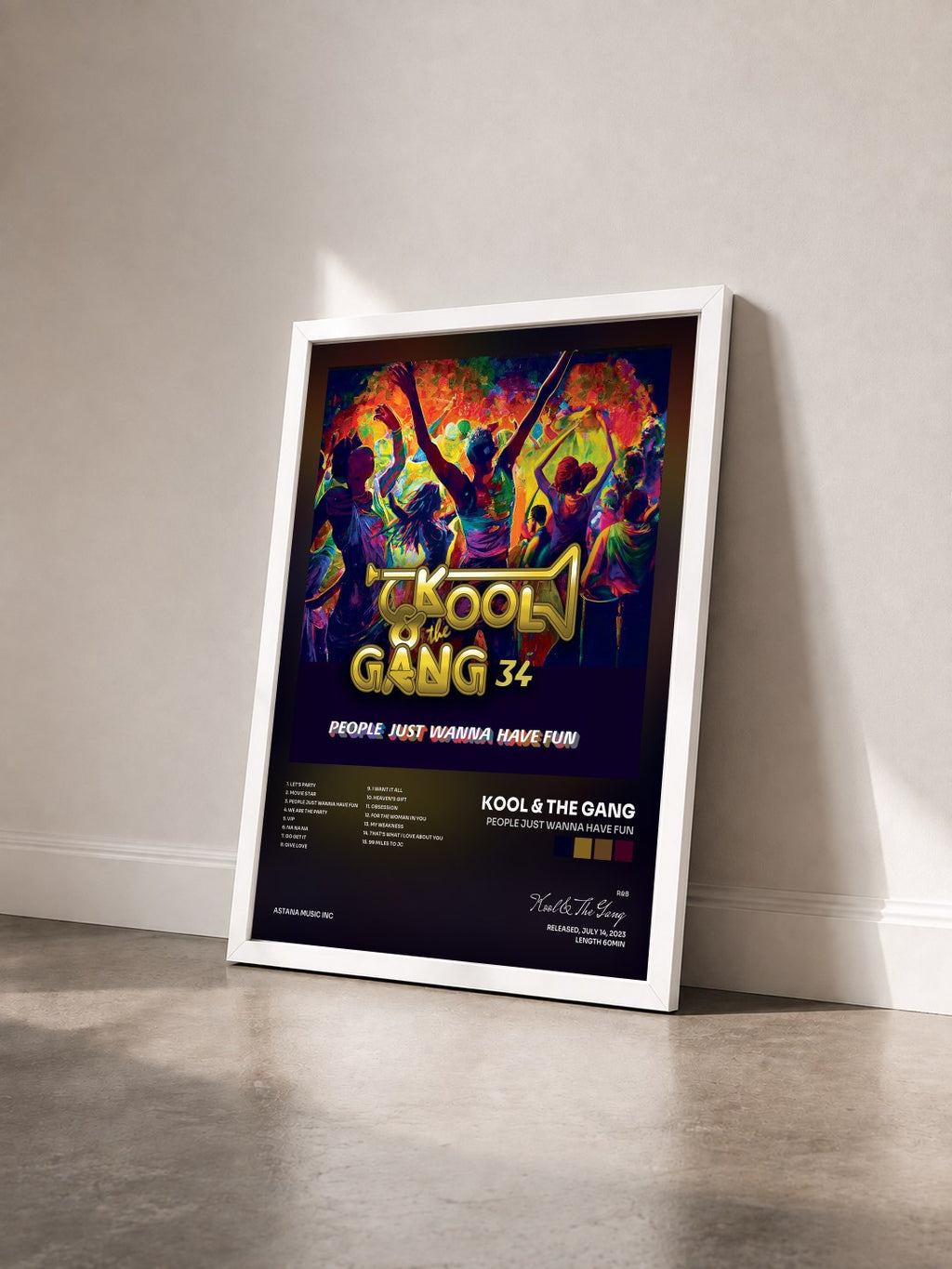 #blanc Tableau de l'album People Just Wanna Have Fun de Kool & The Gang vu de trois quarts, cadre blanc
