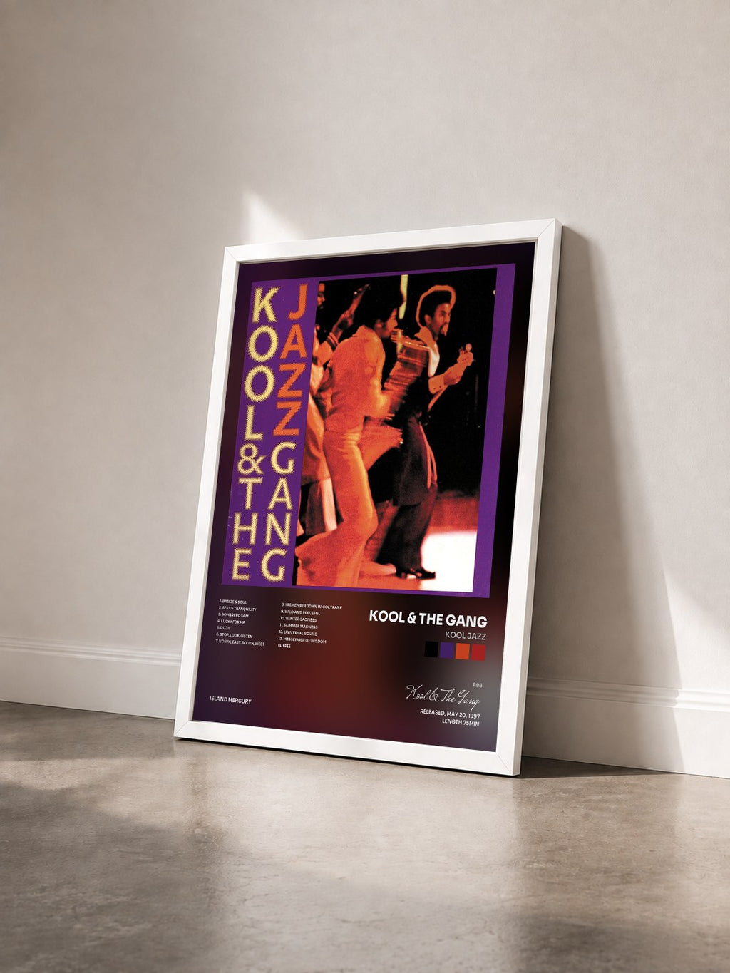 #blanc Kool Jazz de Kool & The Gang en lámina enmarcada vista de tres cuartos, marco blanco