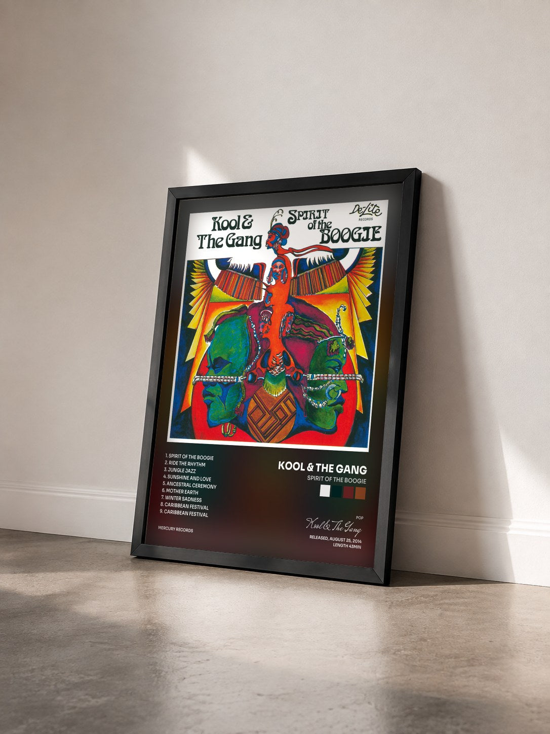 #noir Spirit Of The Boogie von Kool & The Gang als gerahmter Kunstdruck von schräg gesehen, schwarzer Rahmen