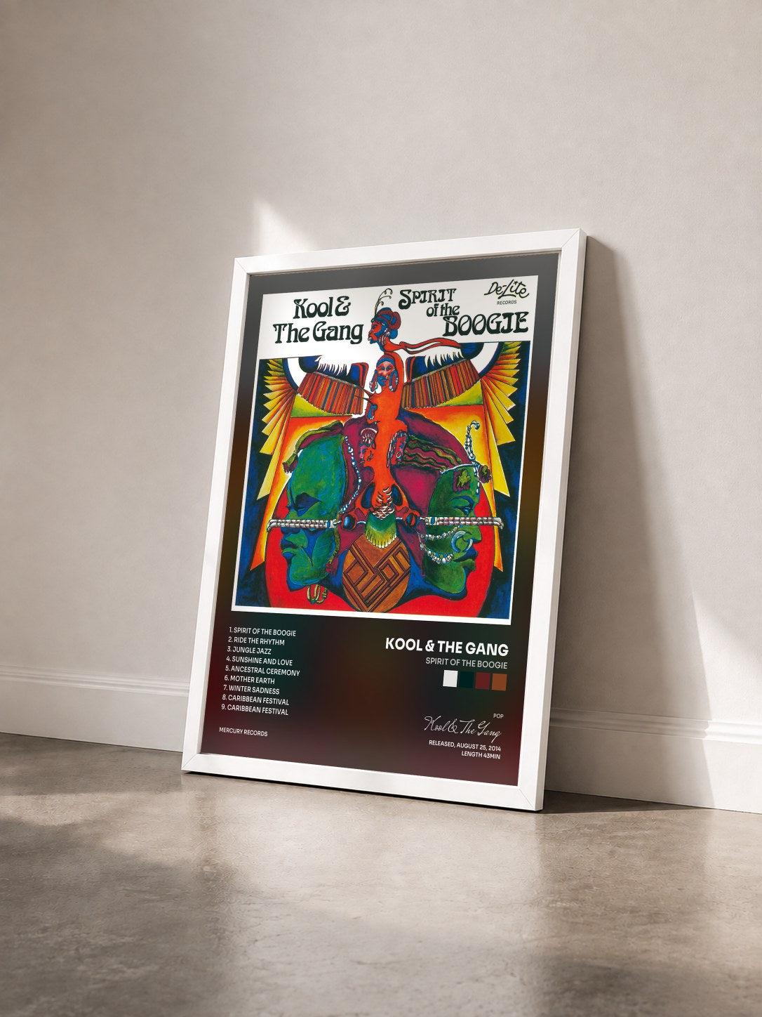 #blanc Spirit Of The Boogie von Kool & The Gang als gerahmter Kunstdruck von schräg gesehen, weißer Rahmen