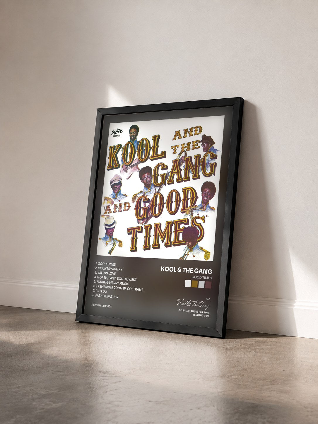 #noir Good Times di Kool & The Gang in stampa incorniciata vista di tre quarti, cornice nera