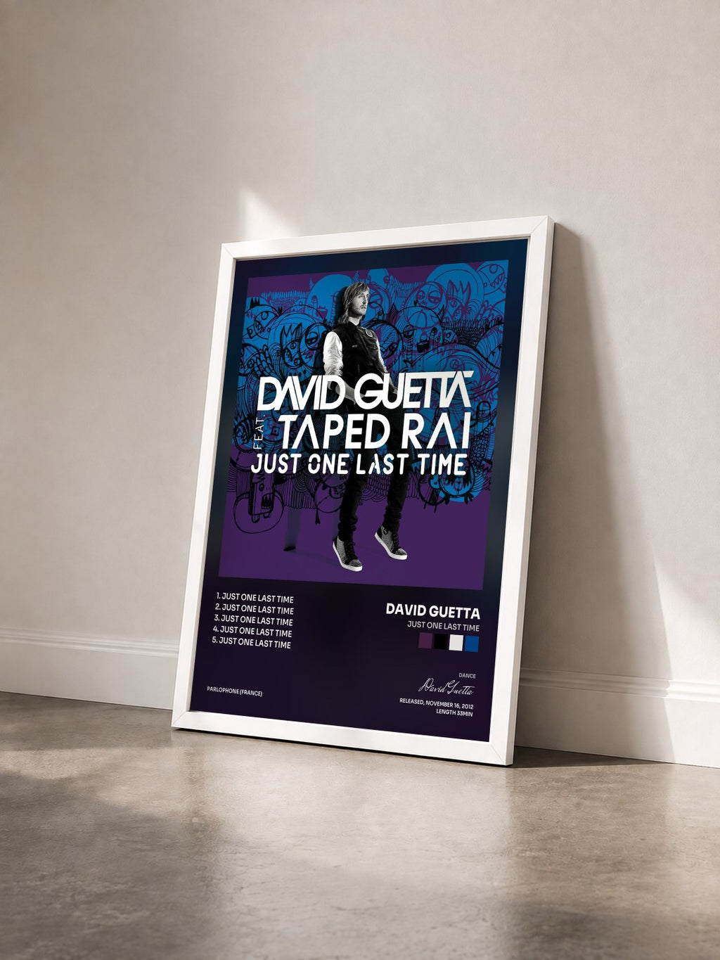 #blanc Tableau de l'album Just One Last Time de David Guetta vu de trois quarts, cadre blanc