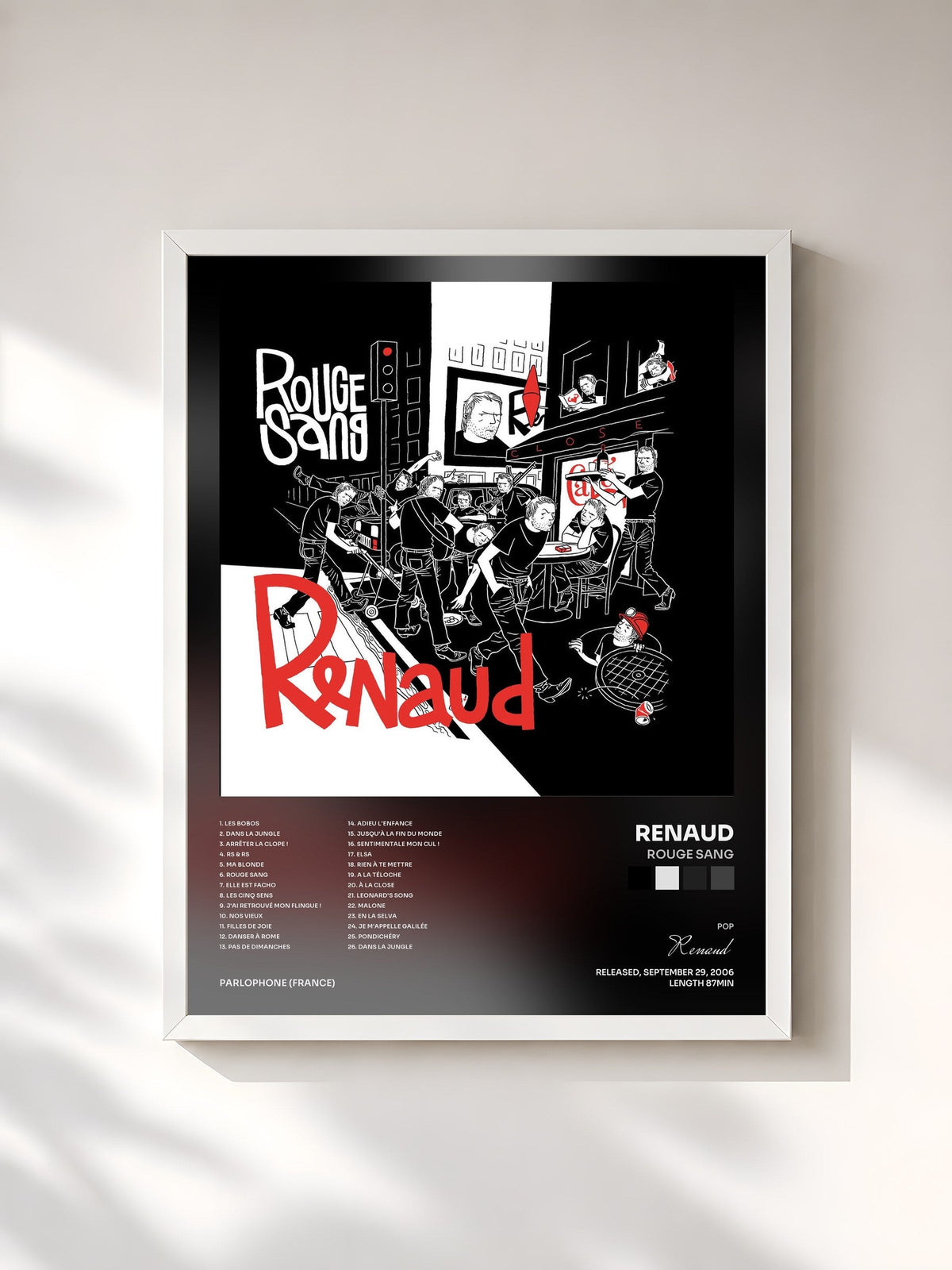 #blanc Tableau de l'album Rouge Sang de Renaud, cadre blanc, imprimé et encadré en France