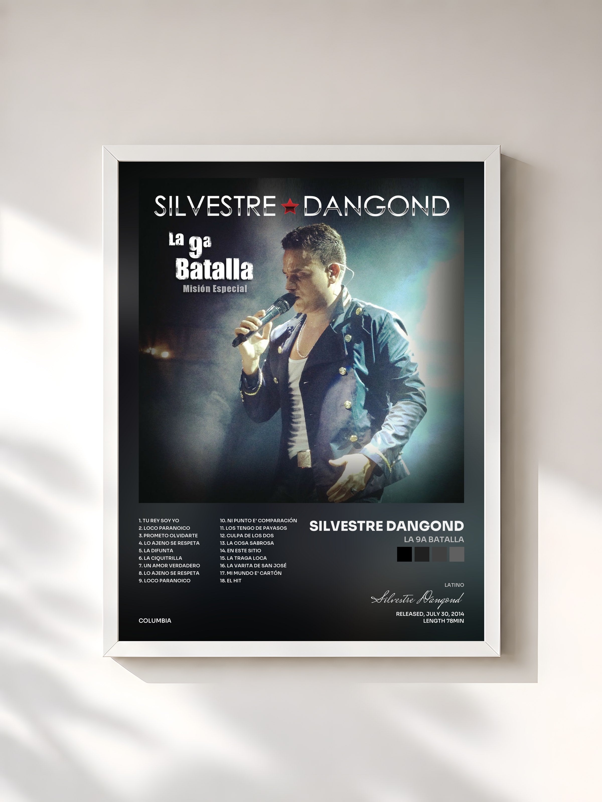 #blanc Tableau de l'album La 9a Batalla de Silvestre Dangond, cadre blanc, imprimé et encadré en France