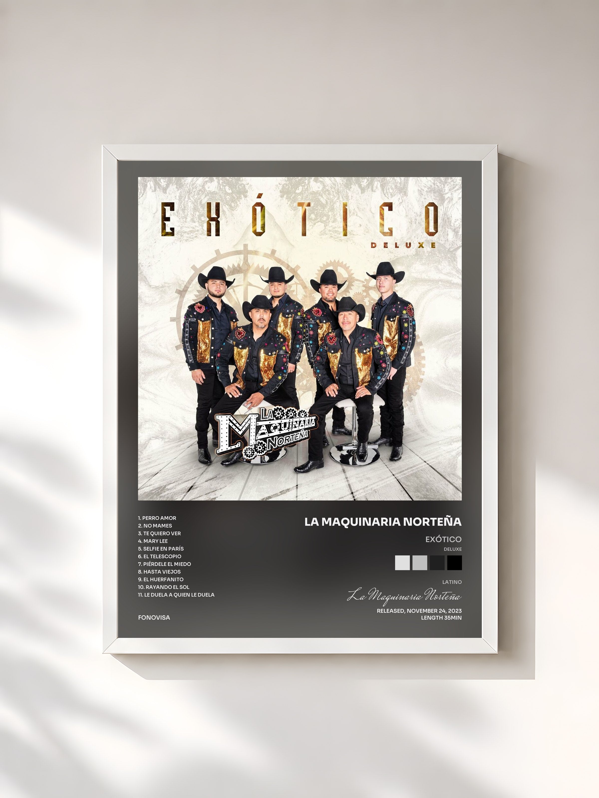 #blanc Tableau de l'album Exótico (Deluxe) de La Maquinaria Norteña, cadre blanc, imprimé et encadré en France