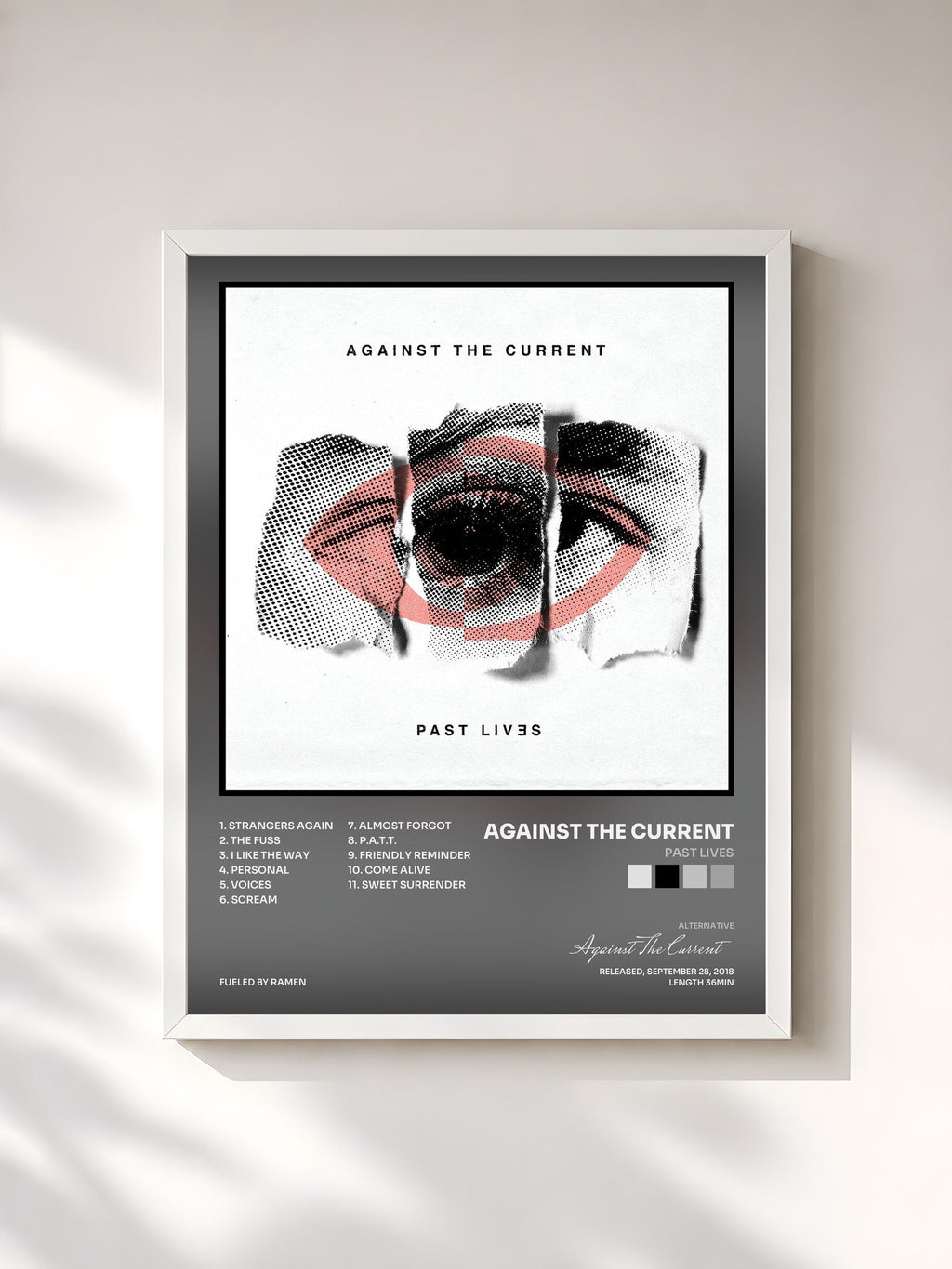 #blanc Tableau de l'album Past Lives de Against The Current, cadre blanc, imprimé et encadré en France