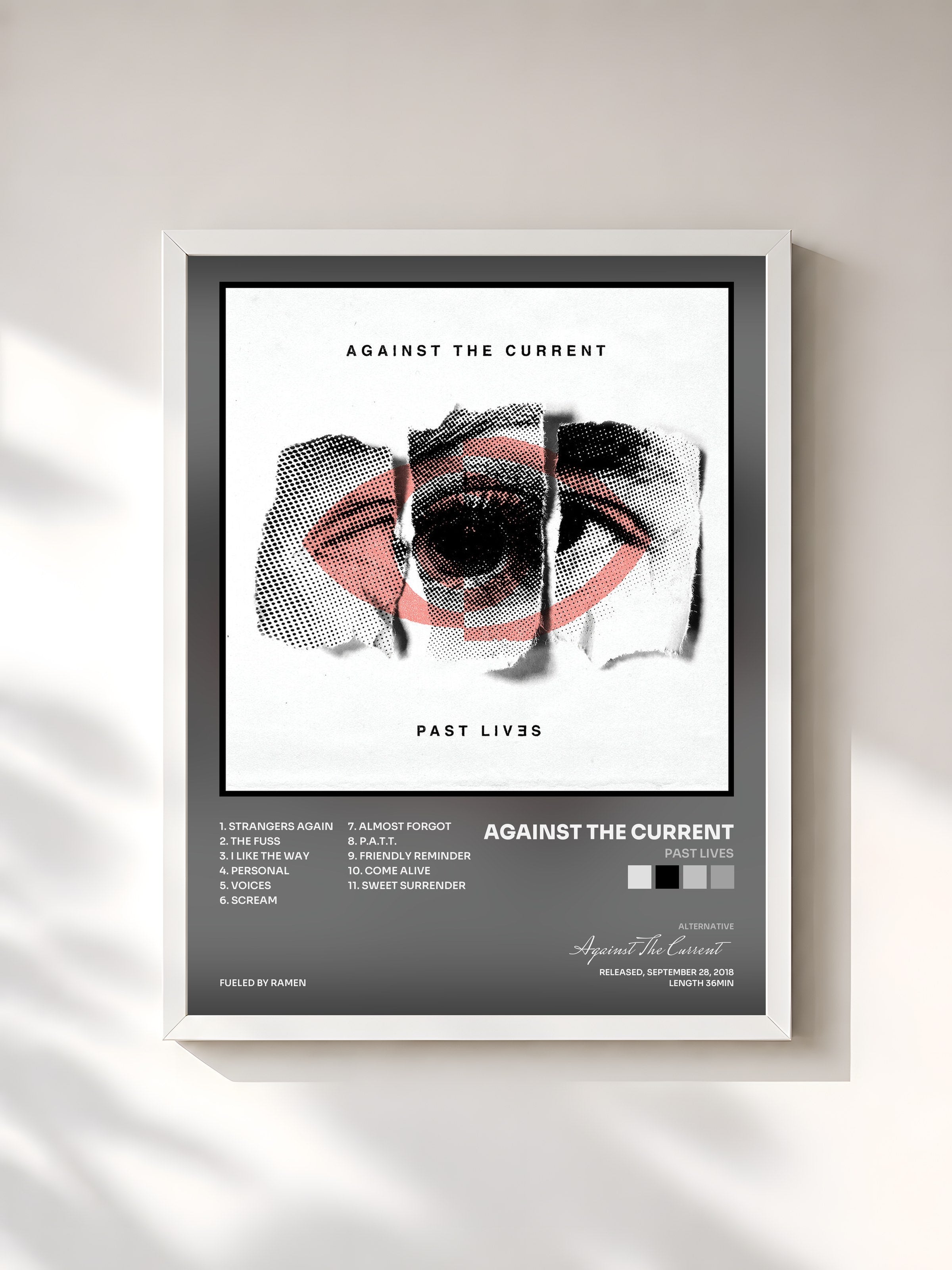 #blanc Tableau de l'album Past Lives de Against The Current, cadre blanc, imprimé et encadré en France
