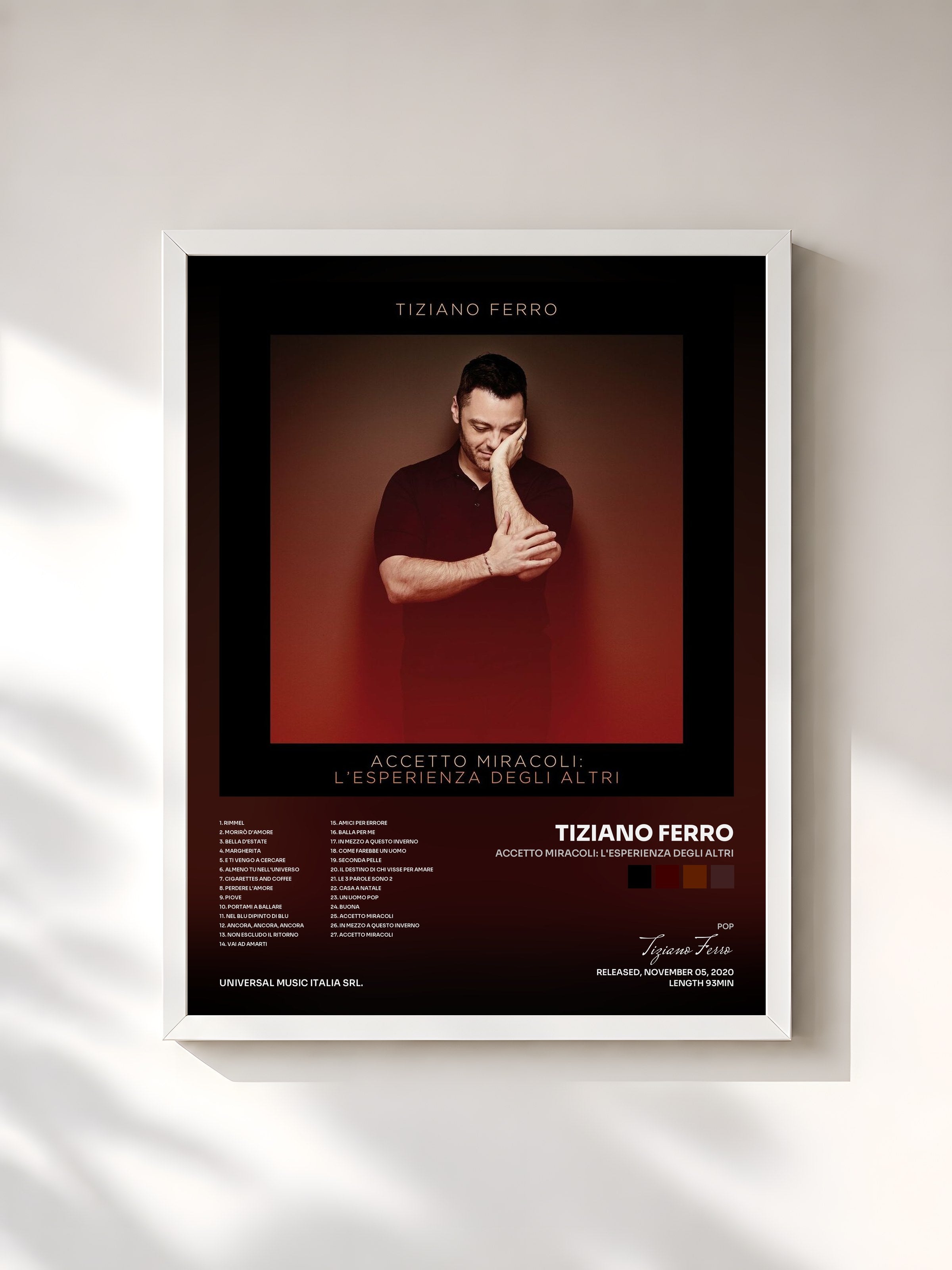 #blanc Tableau de l'album Accetto Miracoli: L'Esperienza Degli Altri de Tiziano Ferro, cadre blanc, imprimé et encadré en France