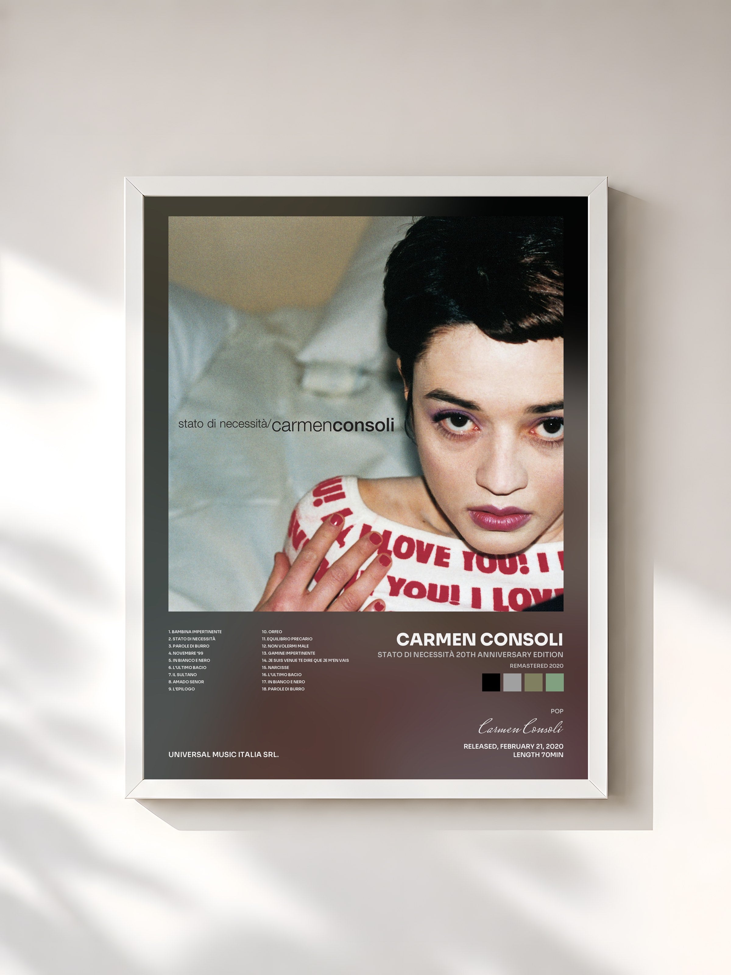#blanc Tableau de l'album Stato Di Necessità 20th Anniversary Edition (Remastered 2020) de Carmen Consoli, cadre blanc, imprimé et encadré en France