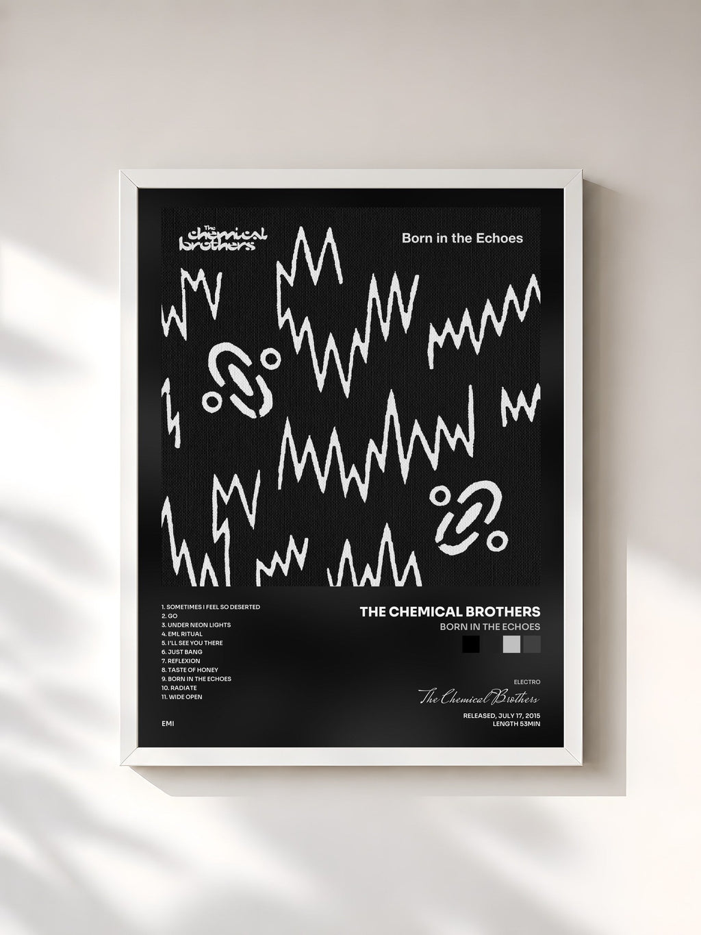 #blanc Tableau de l'album Born In The Echoes de The Chemical Brothers, cadre blanc, imprimé et encadré en France