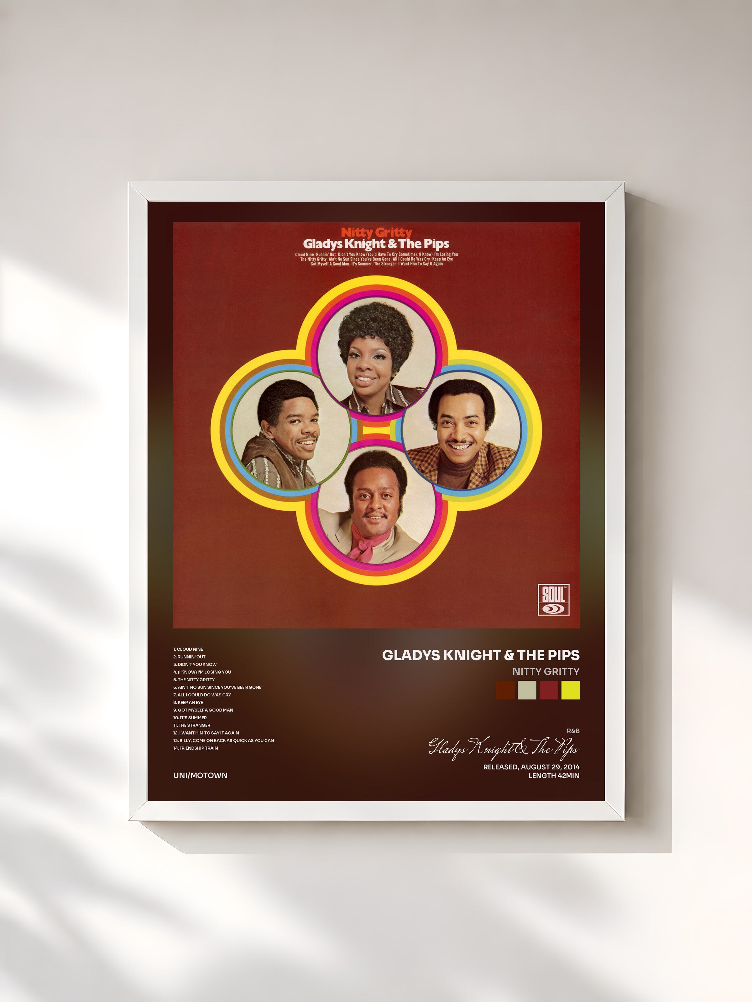 #blanc Tableau de l'album Nitty Gritty de Gladys Knight & The Pips, cadre blanc, imprimé et encadré en France