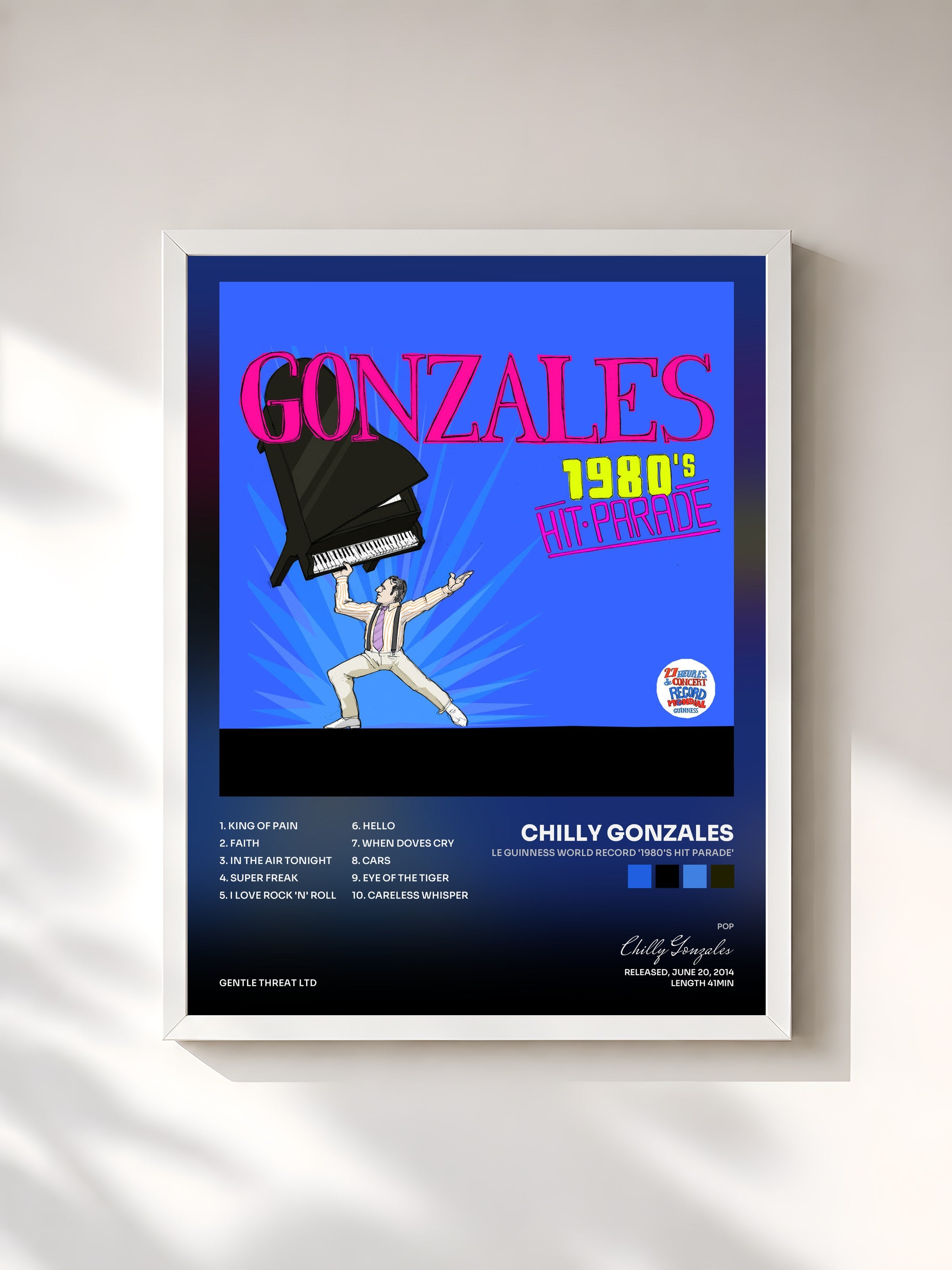 #blanc Tableau de l'album Le Guinness World Record '1980's Hit Parade' de Chilly Gonzales, cadre blanc, imprimé et encadré en France