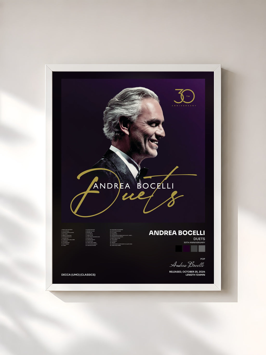#blanc Tableau de l'album Duets (30th Anniversary) de Andrea Bocelli, cadre blanc, imprimé et encadré en France