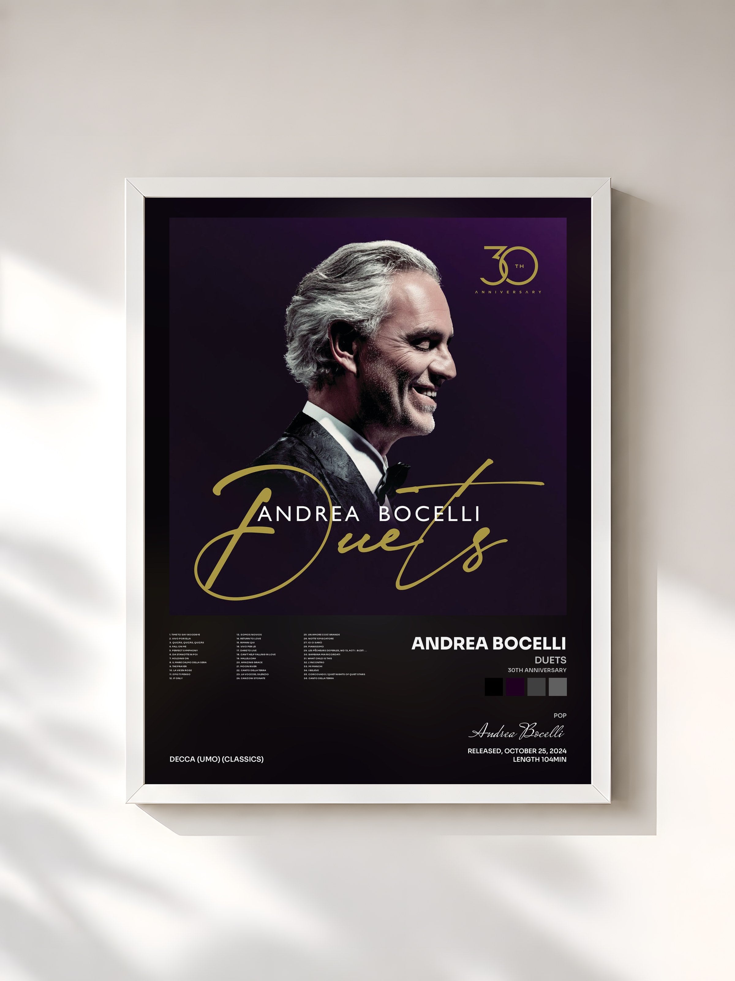 #blanc Tableau de l'album Duets (30th Anniversary) de Andrea Bocelli, cadre blanc, imprimé et encadré en France