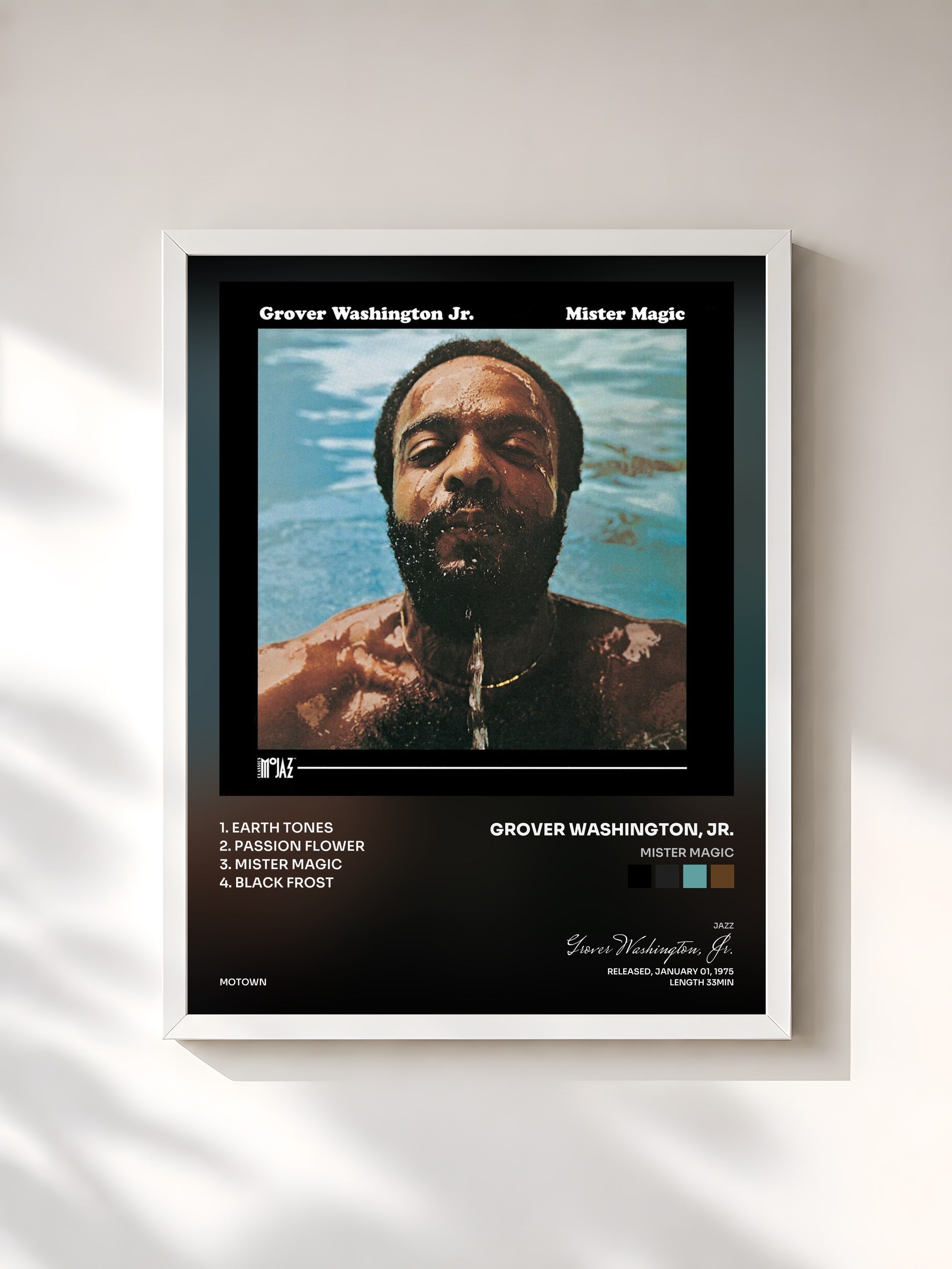 #blanc Tableau de l'album Mister Magic de Grover Washington, Jr., cadre blanc, imprimé et encadré en France